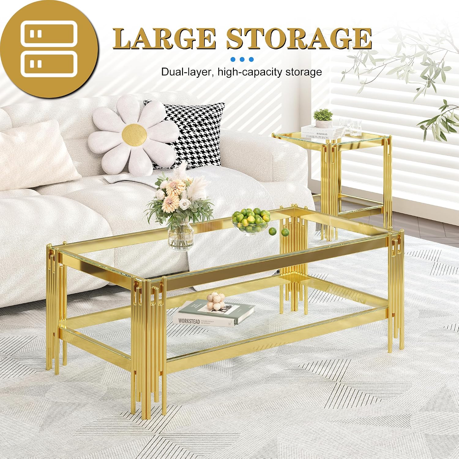 AF ARTISAN FURNITURE 2-Tier Glass End Table Modern Square Living Room Table Sofa Side Table, Stainless Steel Metal Leg Tempered Glass Small Corner Table, Clear&Gold