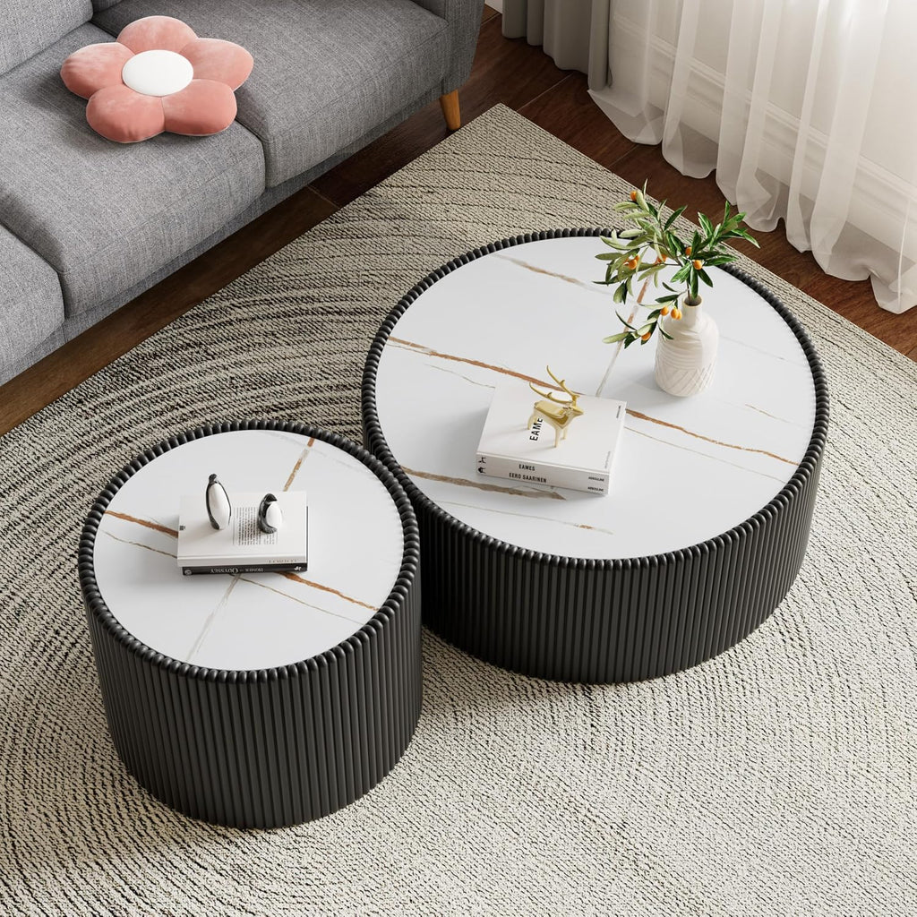 Modern Round Coffee Table Set of 2 Luxury Sintered Stone Top Coffee End Table in Black Leatherette Drum-Shape Small Coffee Side End Tables for Living Room,Fully Assembled