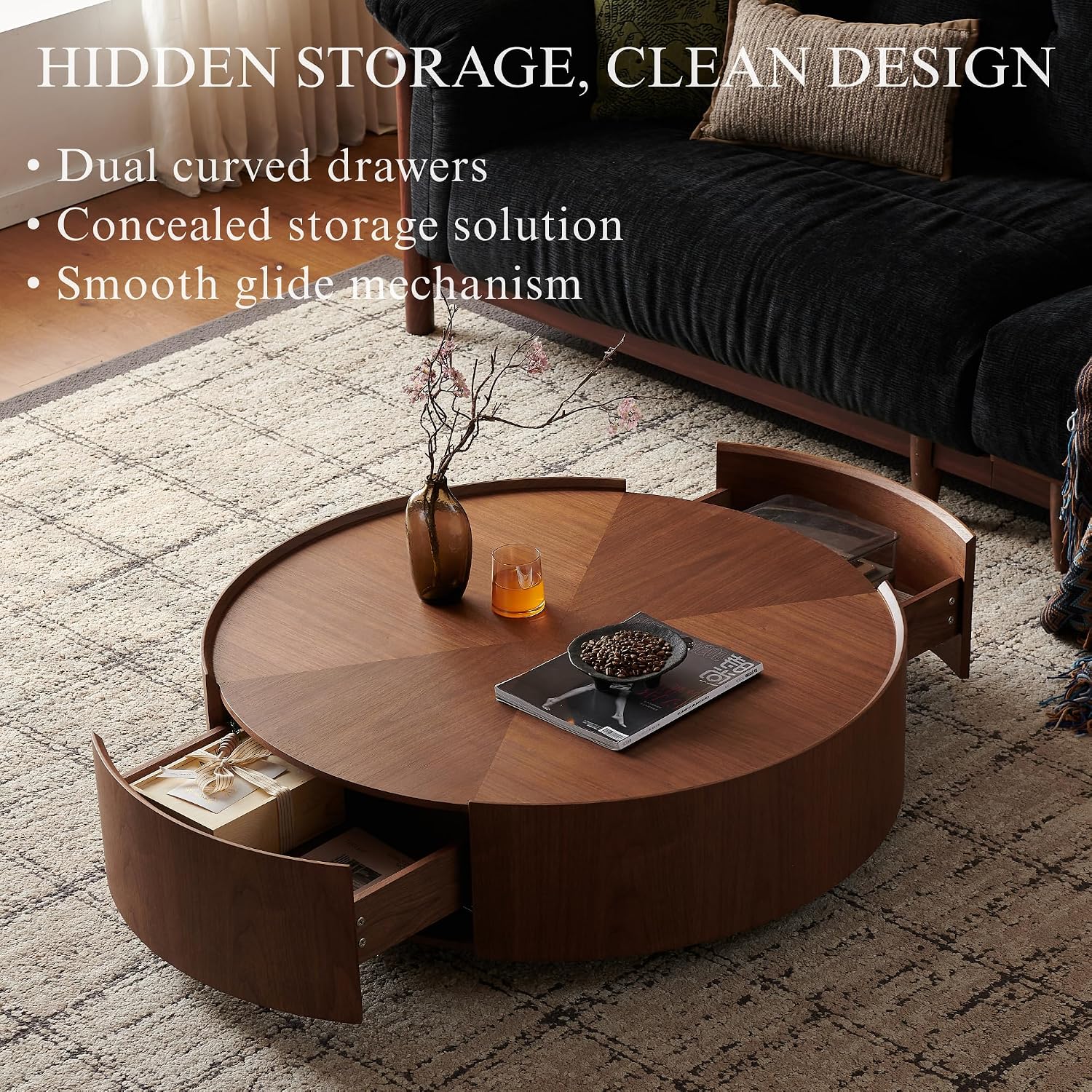 35.4' Round Drum Coffee Table with 2 Drawers, Modern Walnut Wood Storage Coffee Table, Low Profile Circle Cocktail Center Table for Living Room, No Assembly Required