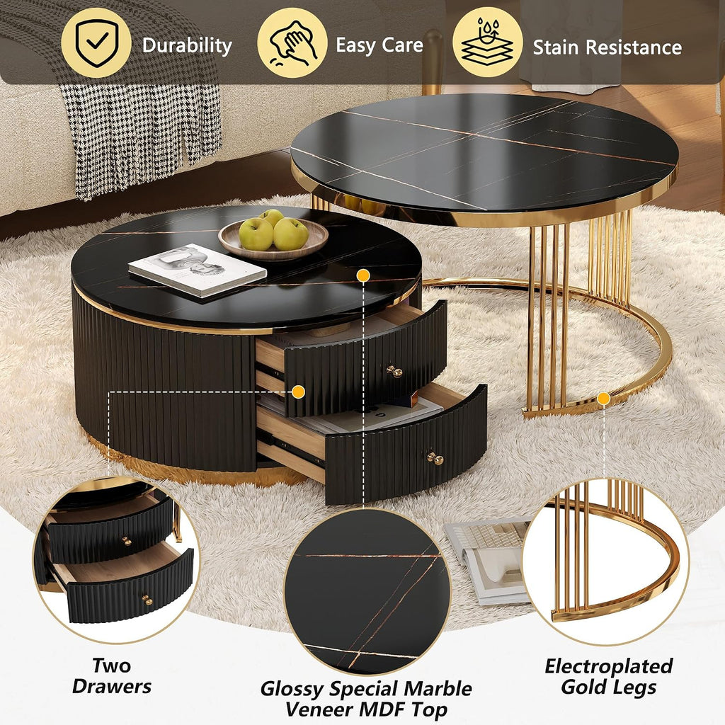 Modern 2 Pieces Round Nesting Coffee Table with Drawers(Black,27.6'+23.6')