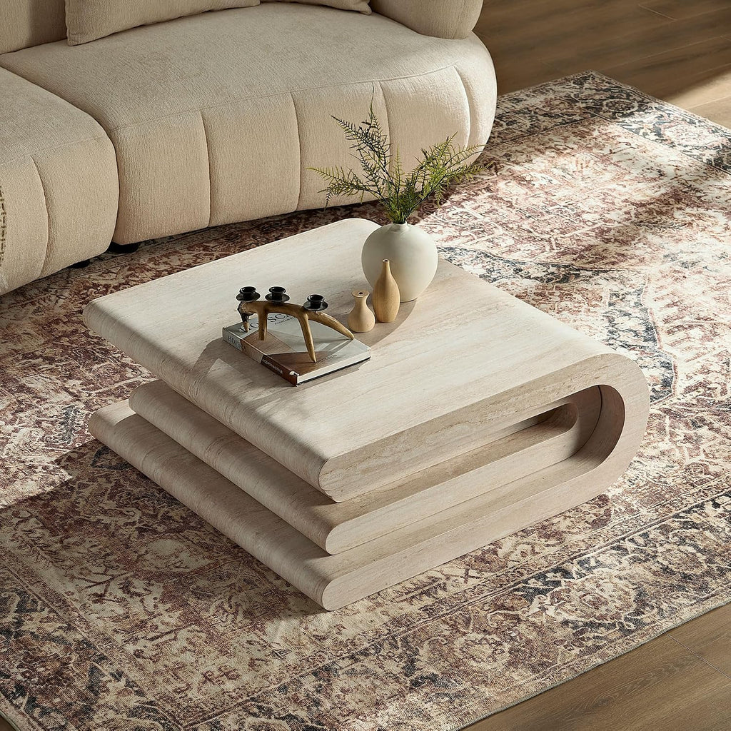 WILLIAMSPACE 33.86' Square Coffee Table with Faux Mars Pattern, Modern Irregular Center Table with Layered Base, Accent MDF Side Tea Table for Living Room Apartment,No Need Assembly (Mars Pattern)