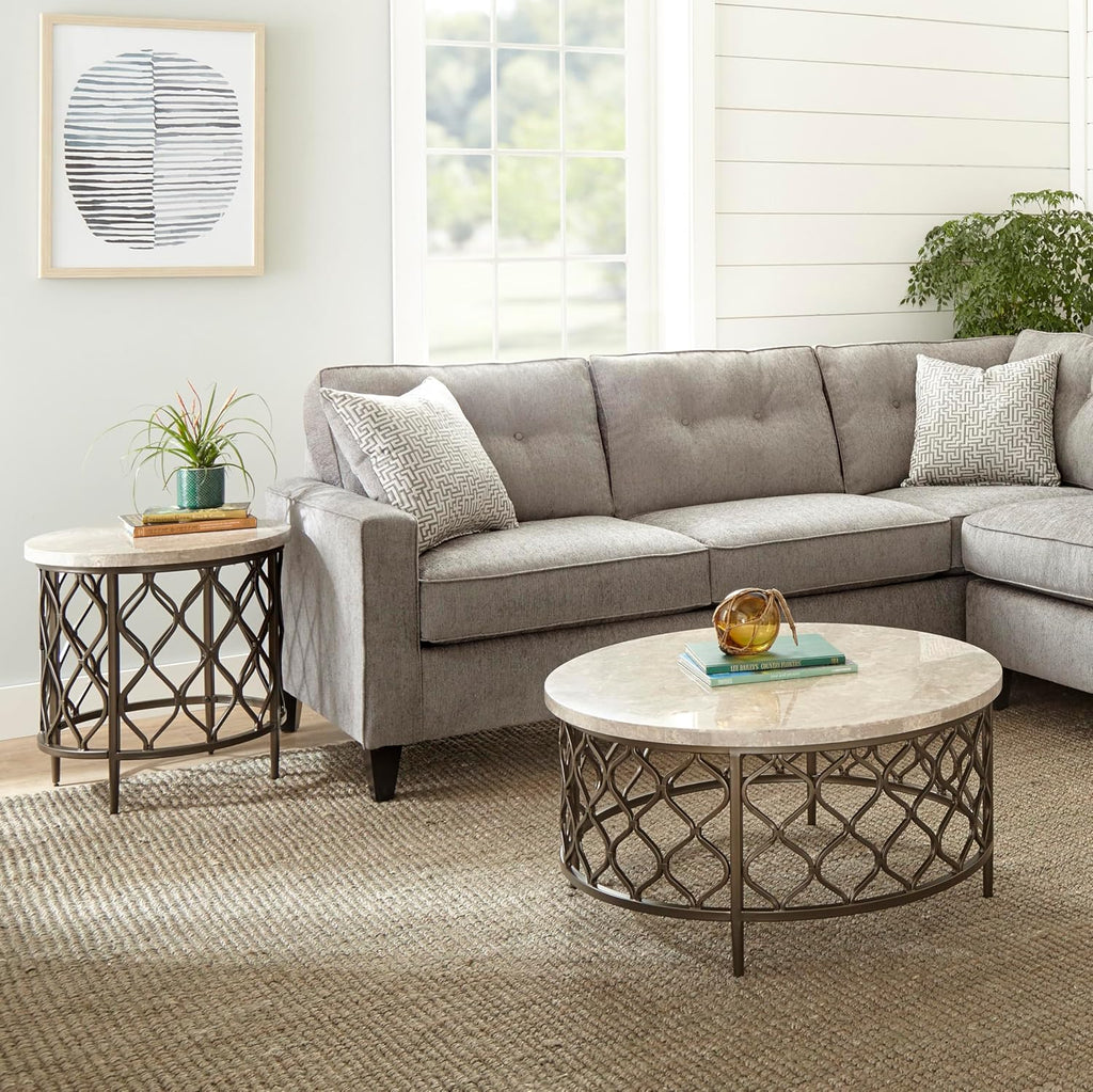 Steve Silver Furniture Roland Round Marble Coffee Table, 36-Inch Round Coffee Table, Bronze Metal Base, Modern Design, Living Room, 36'' L x 36'' W x 18'' H, White