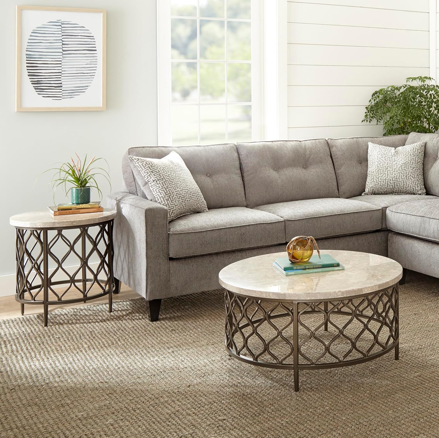 Steve Silver Furniture Roland Round Marble Coffee Table, 36-Inch Round Coffee Table, Bronze Metal Base, Modern Design, Living Room, 36'' L x 36'' W x 18'' H, White