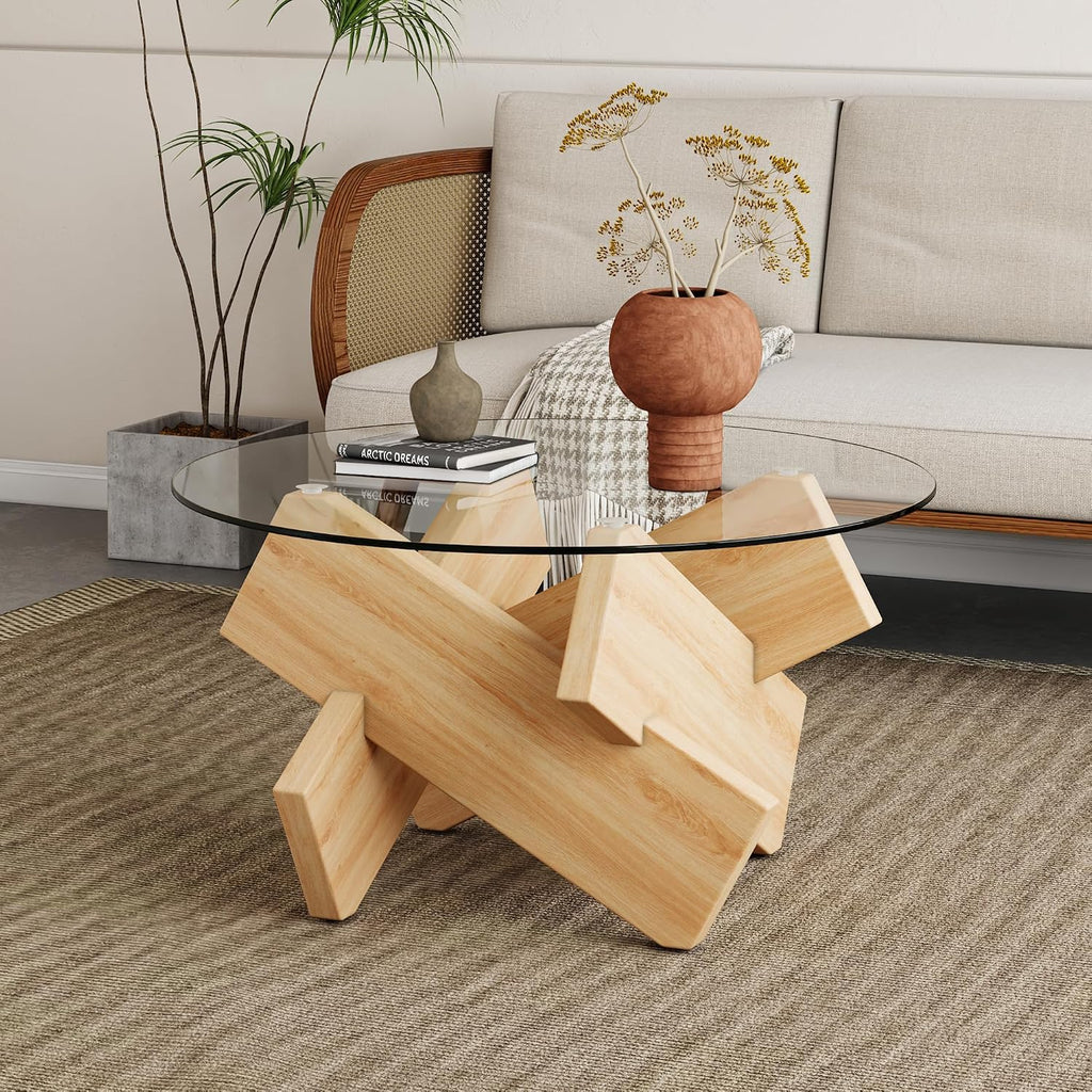 33.4'' Tempered Glass Round Coffee Table for Living Room, Modern Circle Coffee Table, Glass Tabletop & Wood Base, Easy Assembly, Transparent