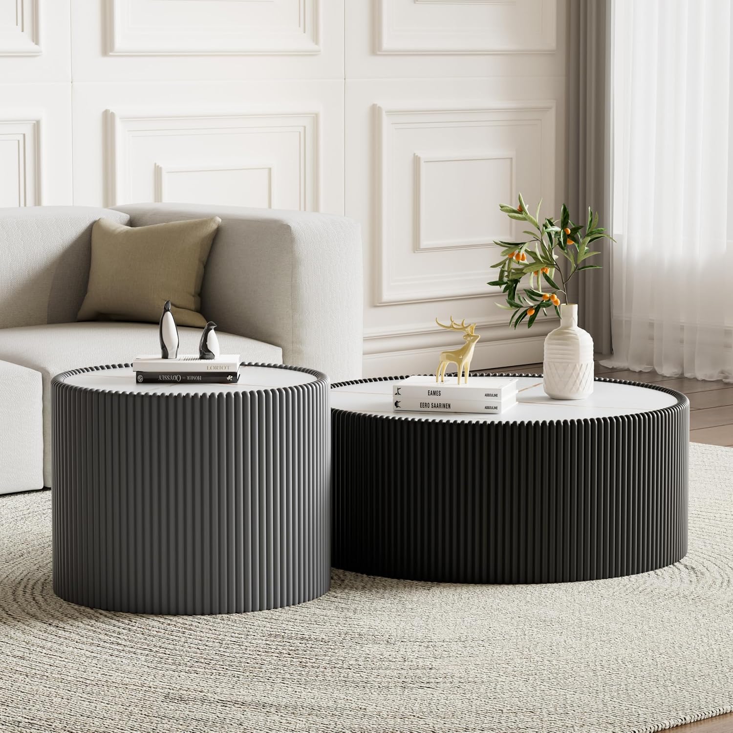 Modern Round Coffee Table Set of 2 Luxury Sintered Stone Top Coffee End Table in Black/Grey Leatherette Drum-Shape Small Coffee Side End Tables for Living Room,Fully Assembled