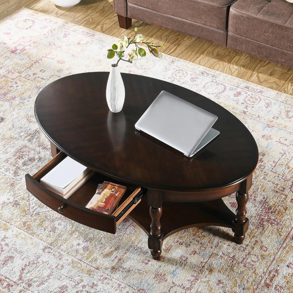 Coffee Table with Drawer, Solid Wood Oval Center Table with Storage Shelf, Traditional Living Room Table with Elegant Vintage Style, Easy Assembly, 45' x 27.6' x 18.2' Retro Walnut KFZ2233DC