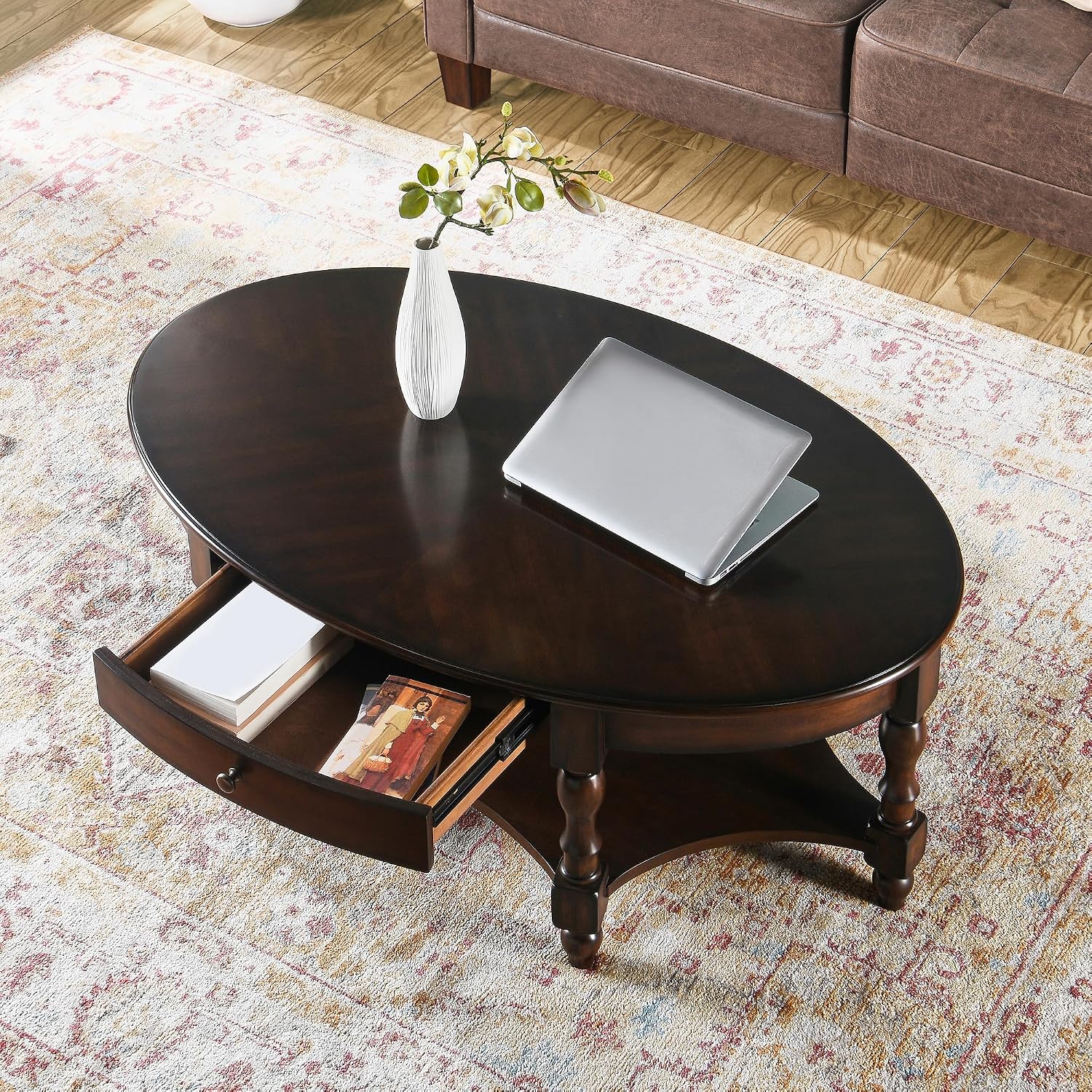 Coffee Table with Drawer, Solid Wood Oval Center Table with Storage Shelf, Traditional Living Room Table with Elegant Vintage Style, Easy Assembly, 45' x 27.6' x 18.2' Retro Walnut KFZ2233DC