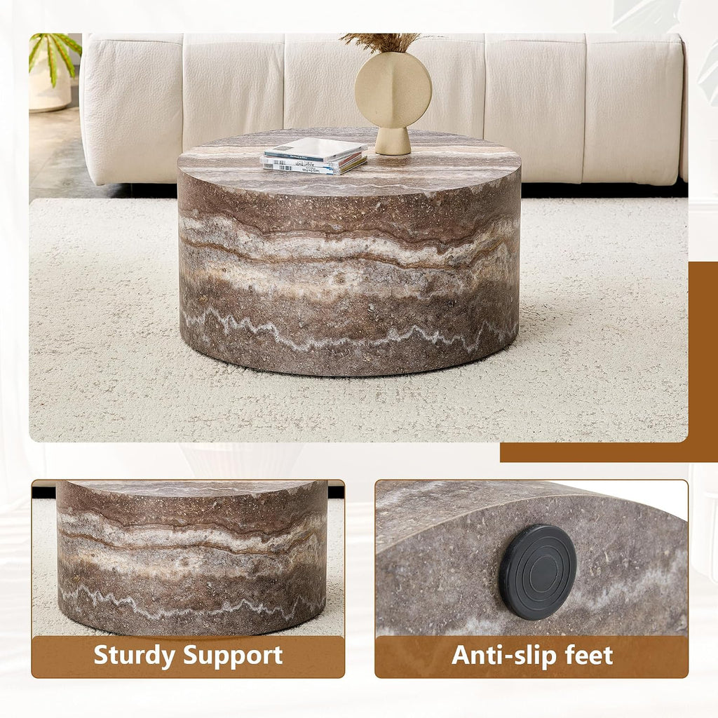 Round Coffee Table, 23.6' Modern Grey Faux Marble Drum Coffee Table, Round Accent Center Table for Living Room Apartment Small Spaces, No Assembly Required