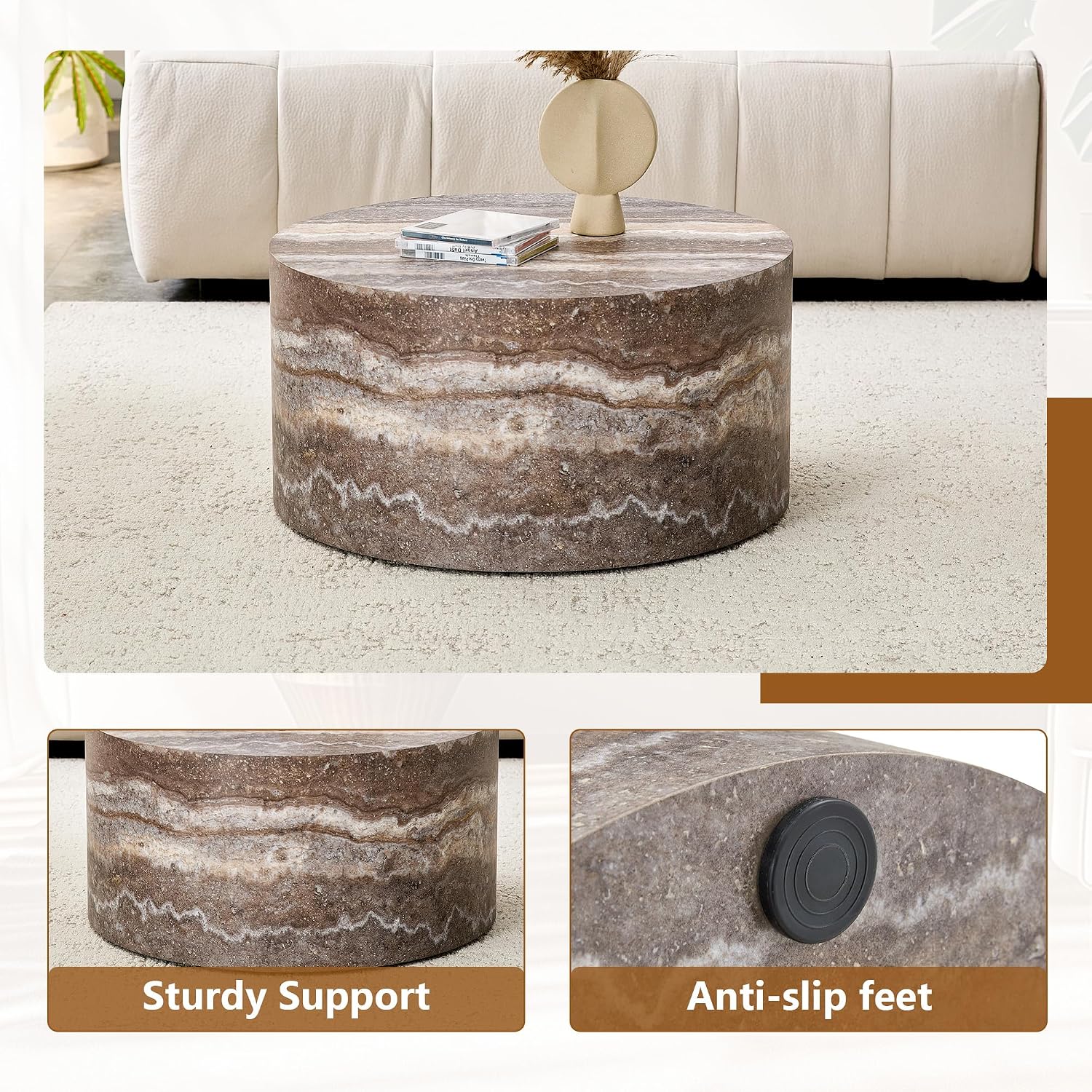 Round Coffee Table, 23.6' Modern Grey Faux Marble Drum Coffee Table, Round Accent Center Table for Living Room Apartment Small Spaces, No Assembly Required
