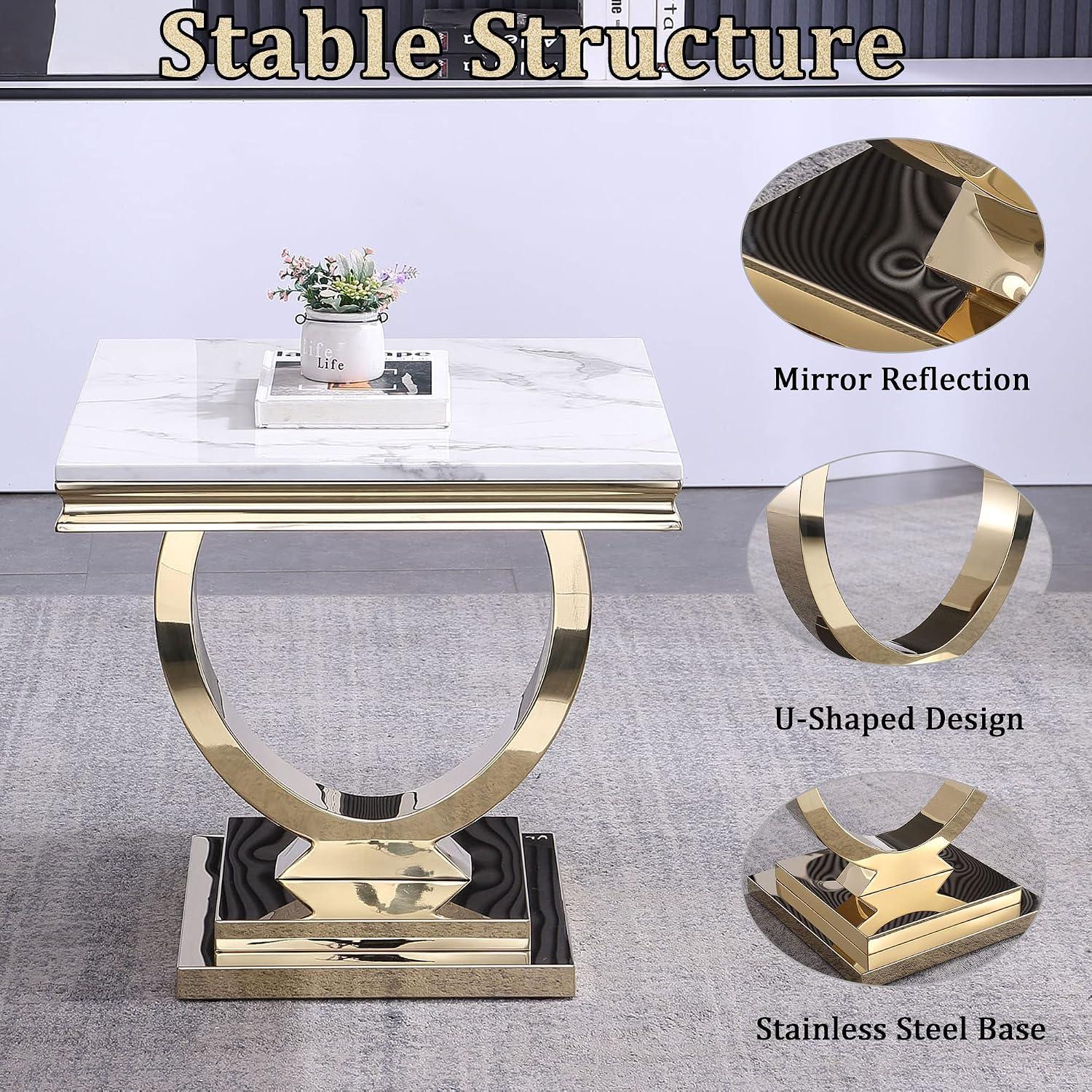 3 Pieces Living Room Table Set, Faux Marble Coffee Table Set of 3, Modern Coffee Table, Console Table and End Table with O-Shaped Stainless Steel Base for Living Room Office (White Gold)