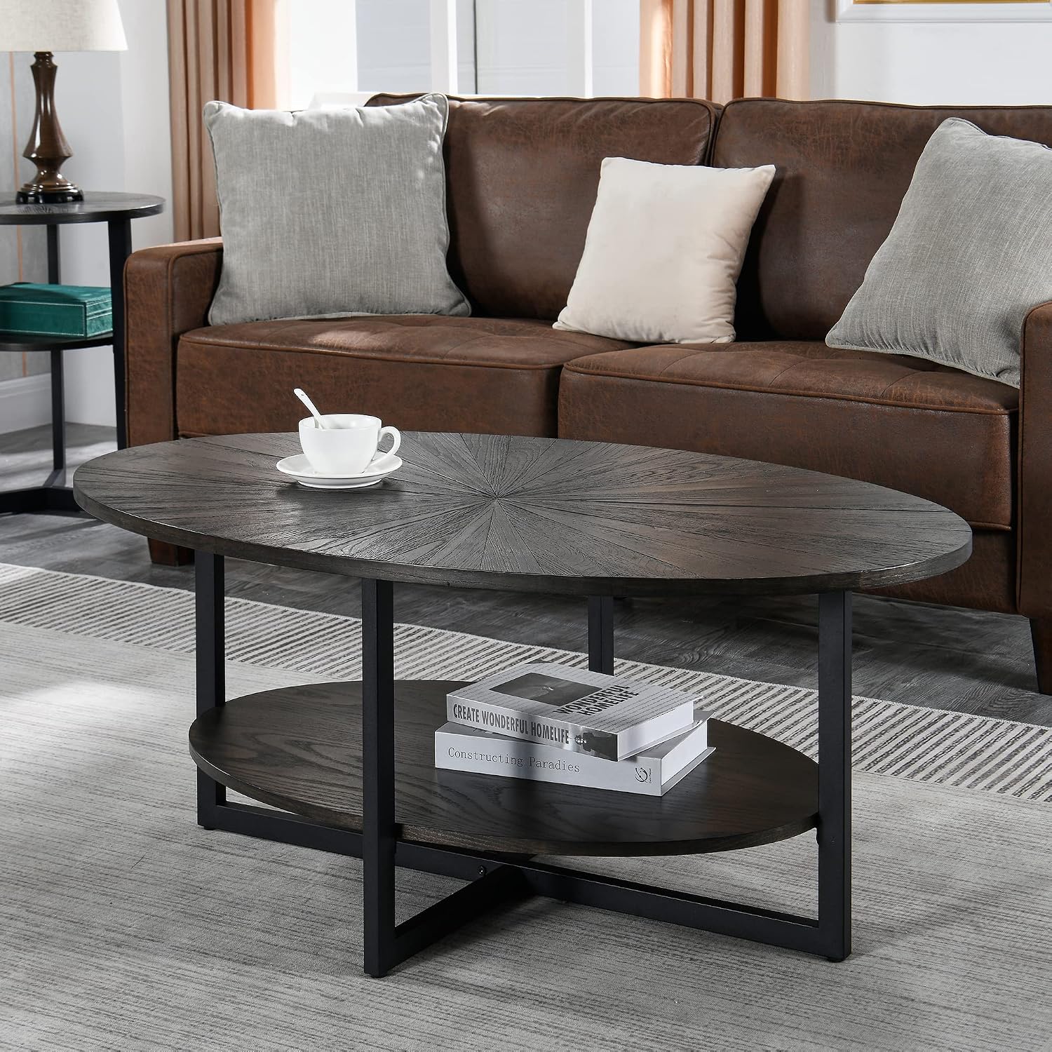 Solid Wood Oval Coffee Table with Cross Metal Legs, 43.3in Modern Industrail Center Table with Open Shelf Cocktail Tea Table for Living Room Bedroom, Black Brown 1811BK