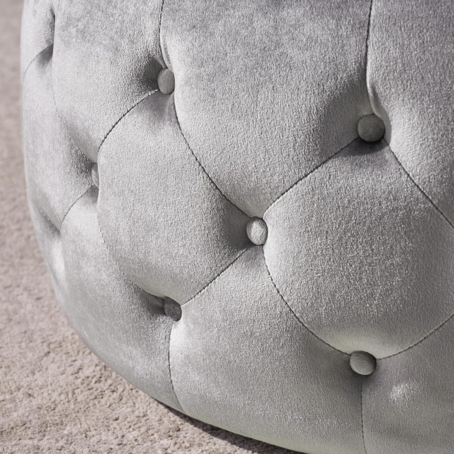 30' Round Velvet Ottoman Coffee Table, Button Tufted Coffee Table with Tempered Glass Top Modern Upholstered Tufted Velvet Cocktail Center Table for Living Room, Fully Assembled (Gray)