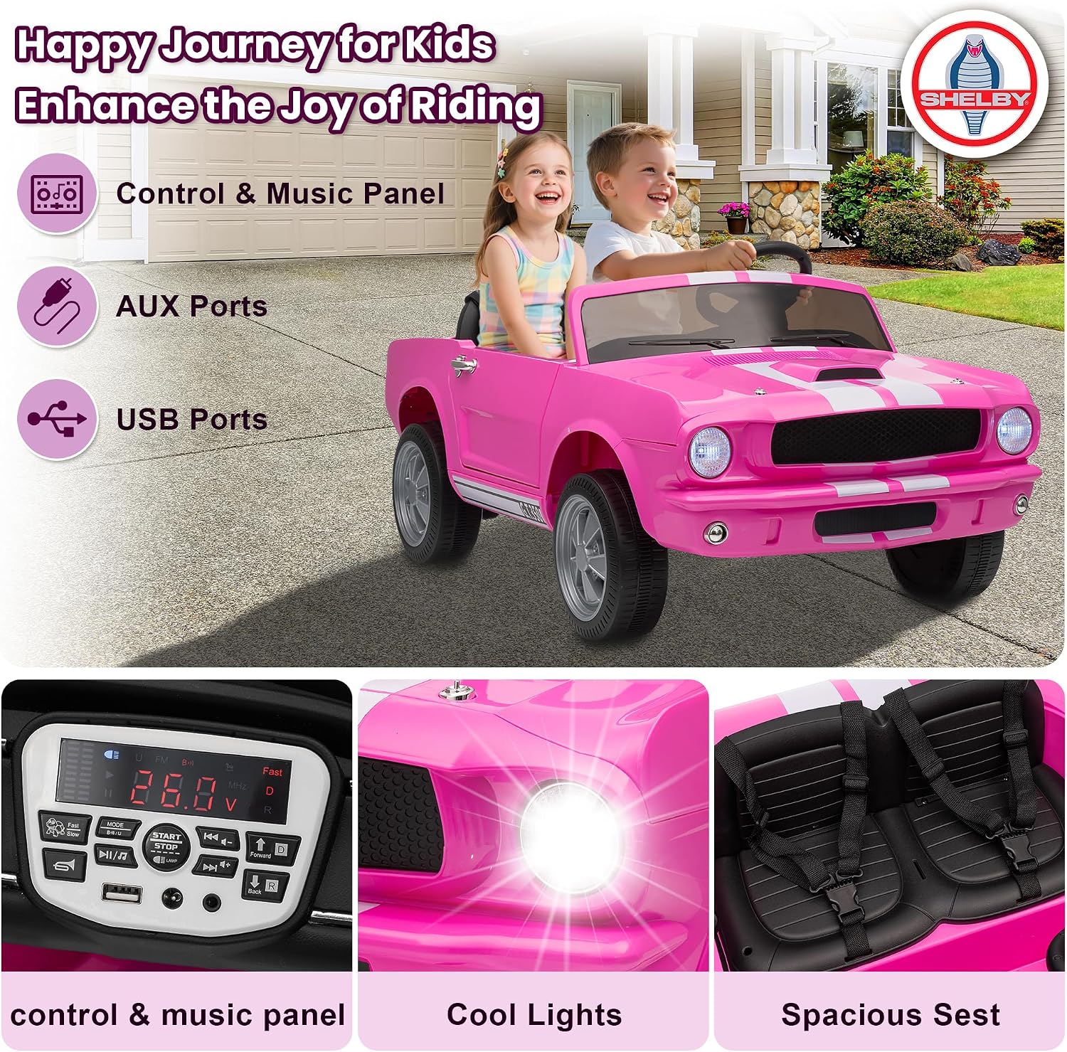 Wanan 24V Licensed Shelby Electric Car for Kids, Ride On Toy with Remote Control, Bluetooth Music, Adjustable 3 Speed, Multiple Panel, LED Lights, Shock Absorbers, Safety Belt (24V, Pink)