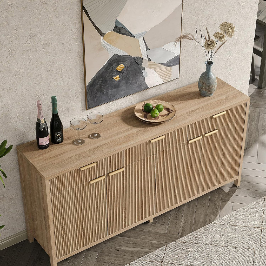 Yanosaku 66' W Fluted Buffet Cabinet, Sideboard Storage Cabinet with 3 Drawers & 2 Cabinets, Mid-Century Coffee Bar Table for Living Room, Dinning Room, Natural