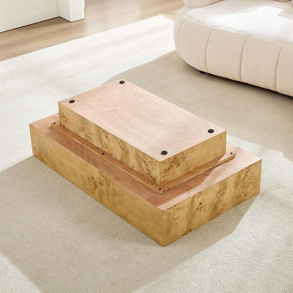 WILLIAMSPACE 43.31' Rectangle Coffee Table with Burl Wood Veneer & Sturdy Base, Modern Luxury Wood Drum Center Table Accent Side End Table for Living Room Apartment, Natural