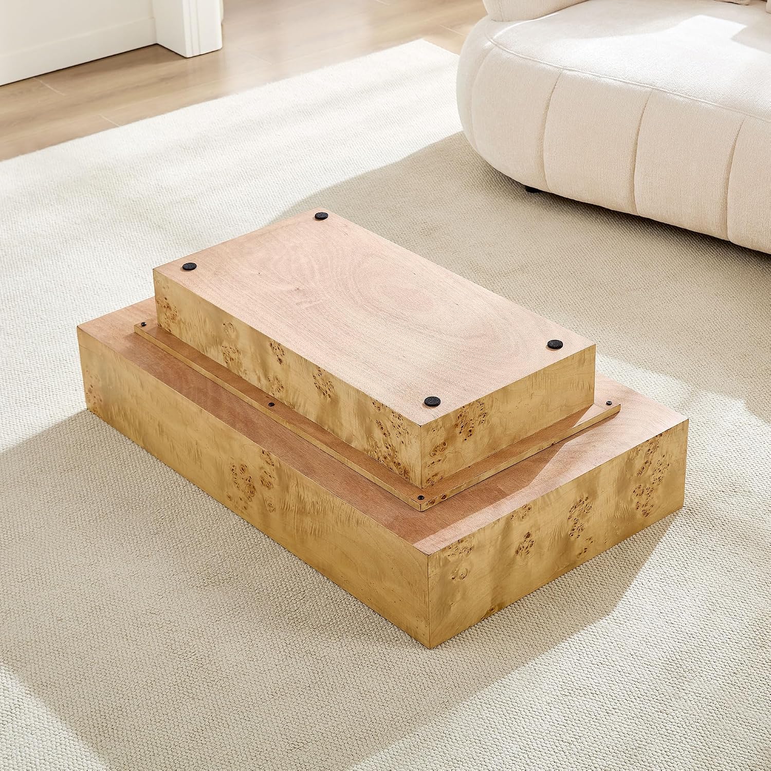 WILLIAMSPACE 43.31' Rectangle Coffee Table with Burl Wood Veneer & Sturdy Base, Modern Luxury Wood Drum Center Table Accent Side End Table for Living Room Apartment, Natural