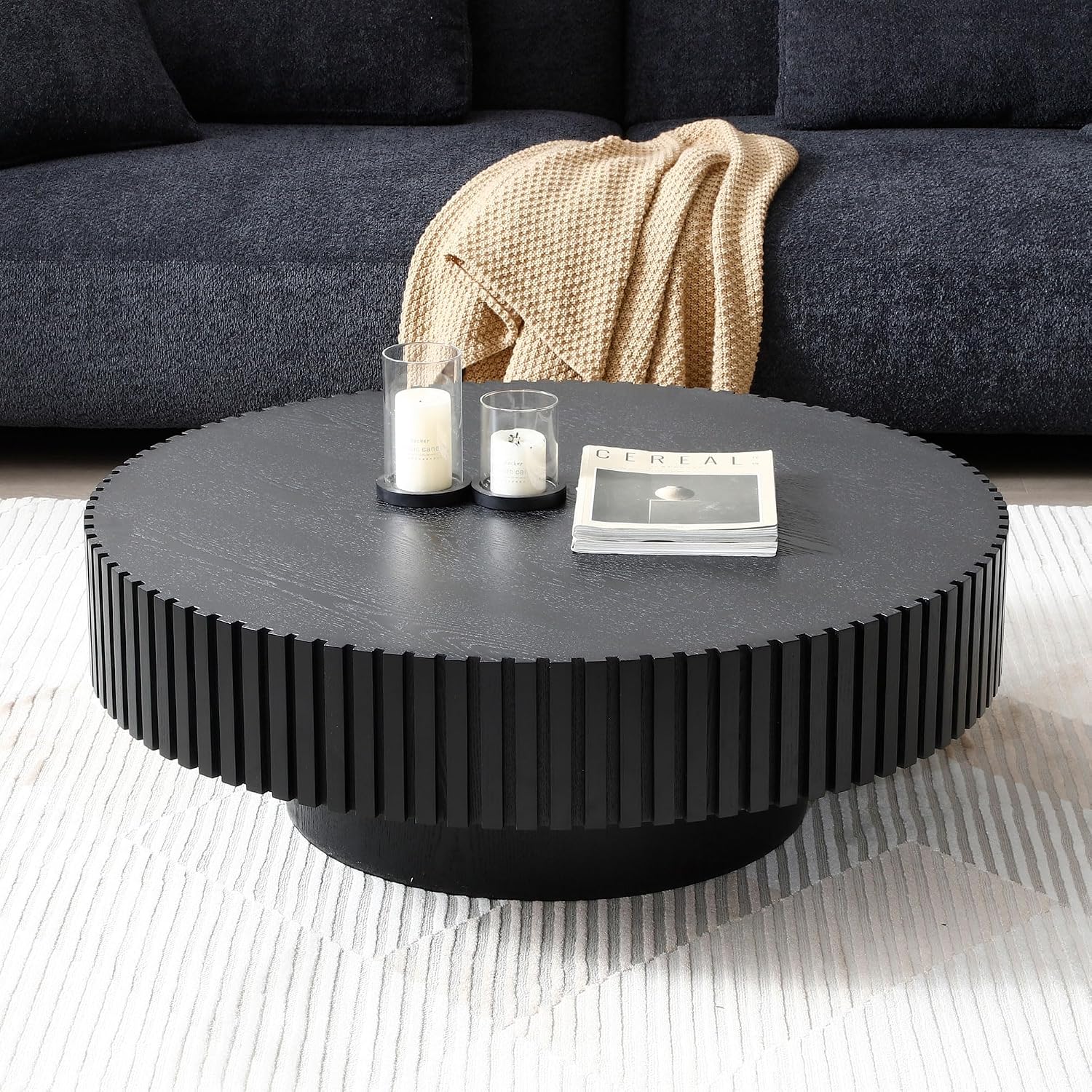 WILLIAMSPACE 35.43' Black Round Coffee Table, Modern Luxury Wood Circle Drum Center Table for Living Room, Accent Side End Table for Apartment, ø35.43' x 13.77'H (Black)