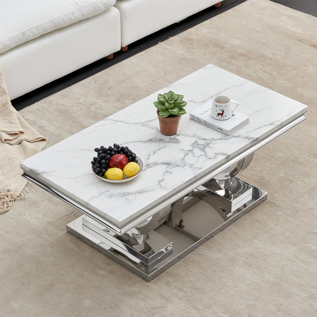 Marble Coffee Table, 47' White Faux Marble Rectangular Cocktail Table with Mirrored Finish Double O-Shape Stainless Steel Base, Central Cocktail Tea Tables for Living Room Office, Silver