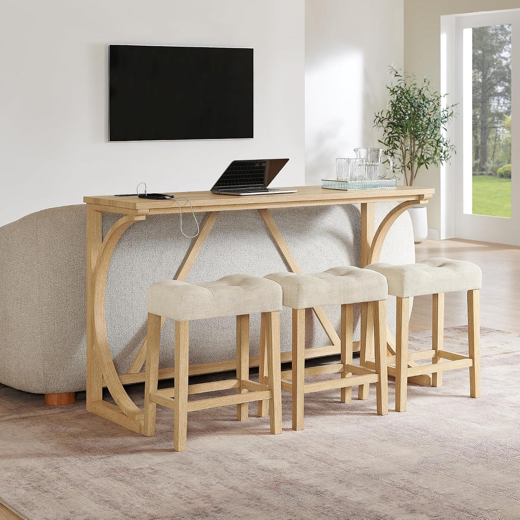 Merax 59 Inch Industrial Bar Table Set with Power Outlet, 3 Linen Upholstered Stools, Counter Height Table Set with 24 Inch Seat Height Stools for Kitchen, Living Room,Light Oak+Beige