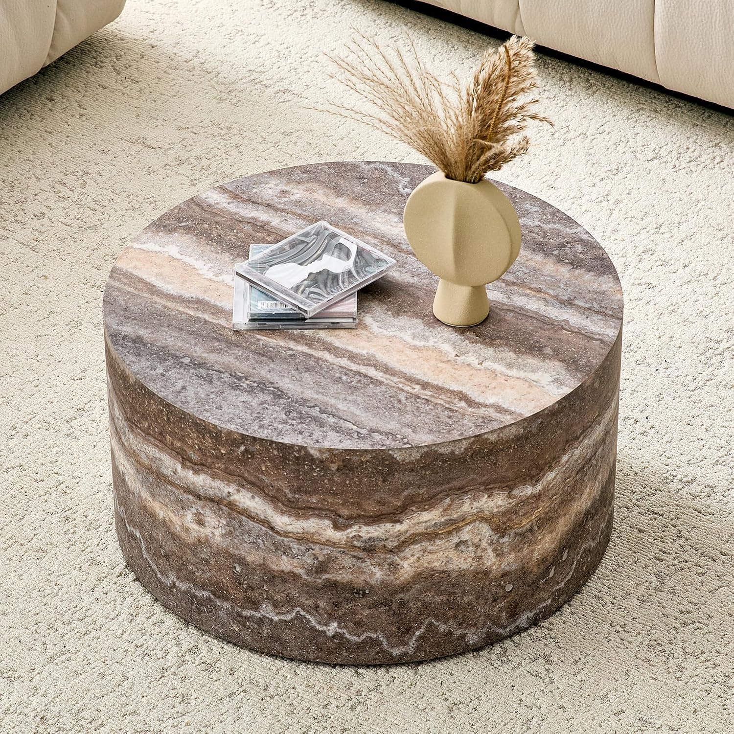Round Coffee Table, 23.6' Modern Grey Faux Marble Drum Coffee Table, Round Accent Center Table for Living Room Apartment Small Spaces, No Assembly Required
