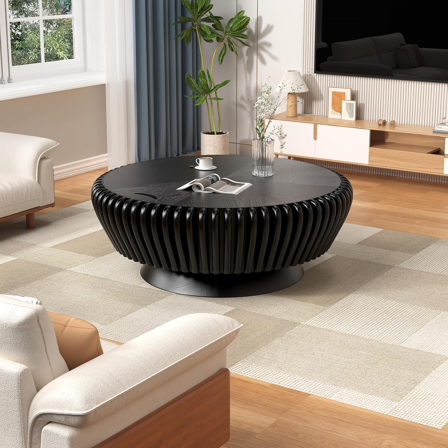Round Wood Fluted Coffee Table with Storage, 35' Round Fluted Coffee Table with Flip-Top Lid Mid Century Modern Low Circle Drum Coffee Tables for Living Room (Black A, 35')