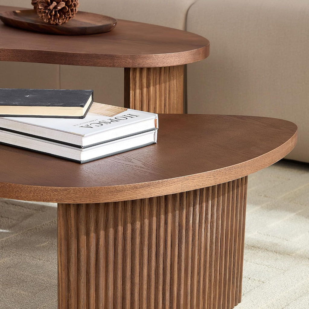 Nesting Coffee Table Set of 2, Modern Irregular Nesting Tables Wooden Center Circle Accent Tea End Side with Fluted Legs for Living Room, Apartment, Office 49.41' W Walnut