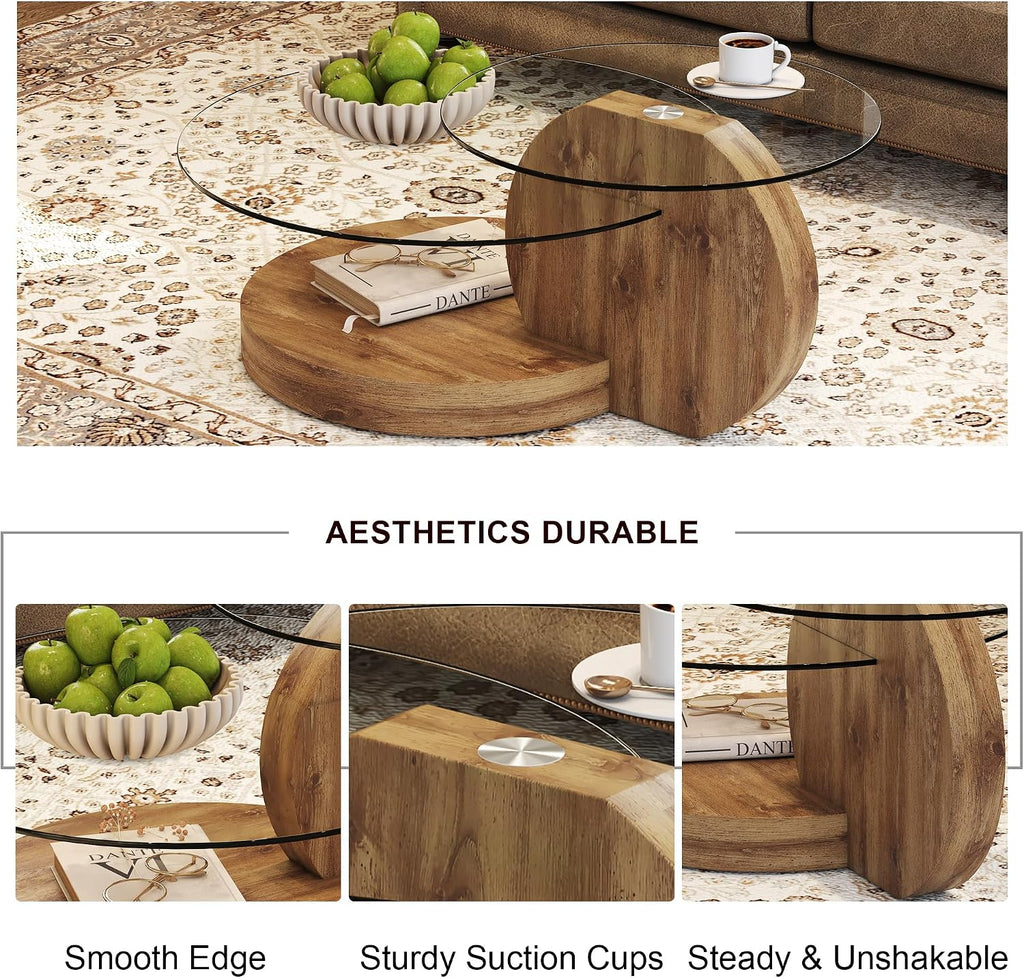 Modern Glass Coffee Table,Small Round Coffee Tables, 42' 3-Tier Circle Wood Coffee Table for Living Room Rustic Circle Center Cocktail Table with Tempered Glass, Unique Accent Table for Small Spaces