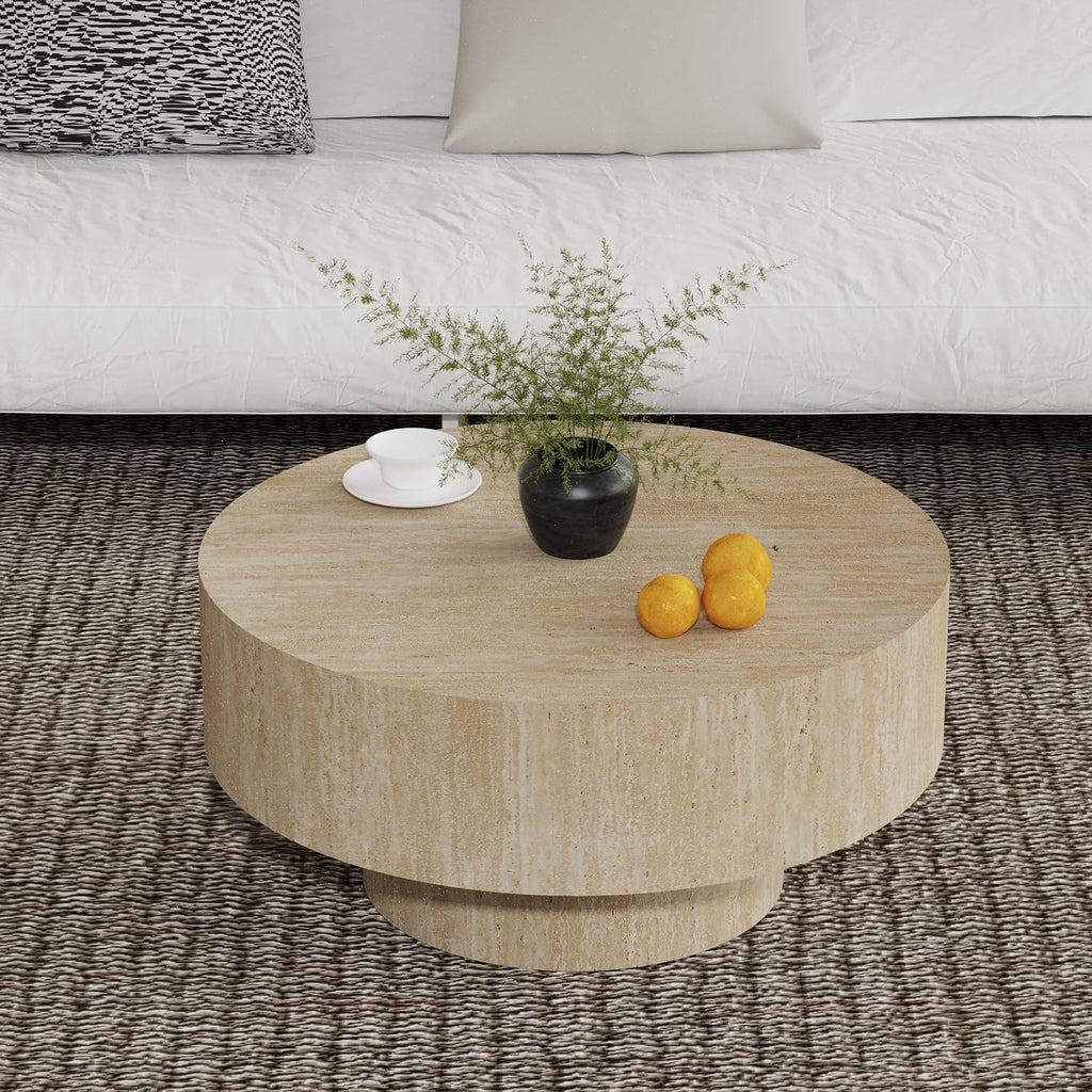 Round Fluted Coffee Table Round Drum Coffee Table for Living Room Modern Circular Pedestal Center Table (Circle Travertine 29.9in)