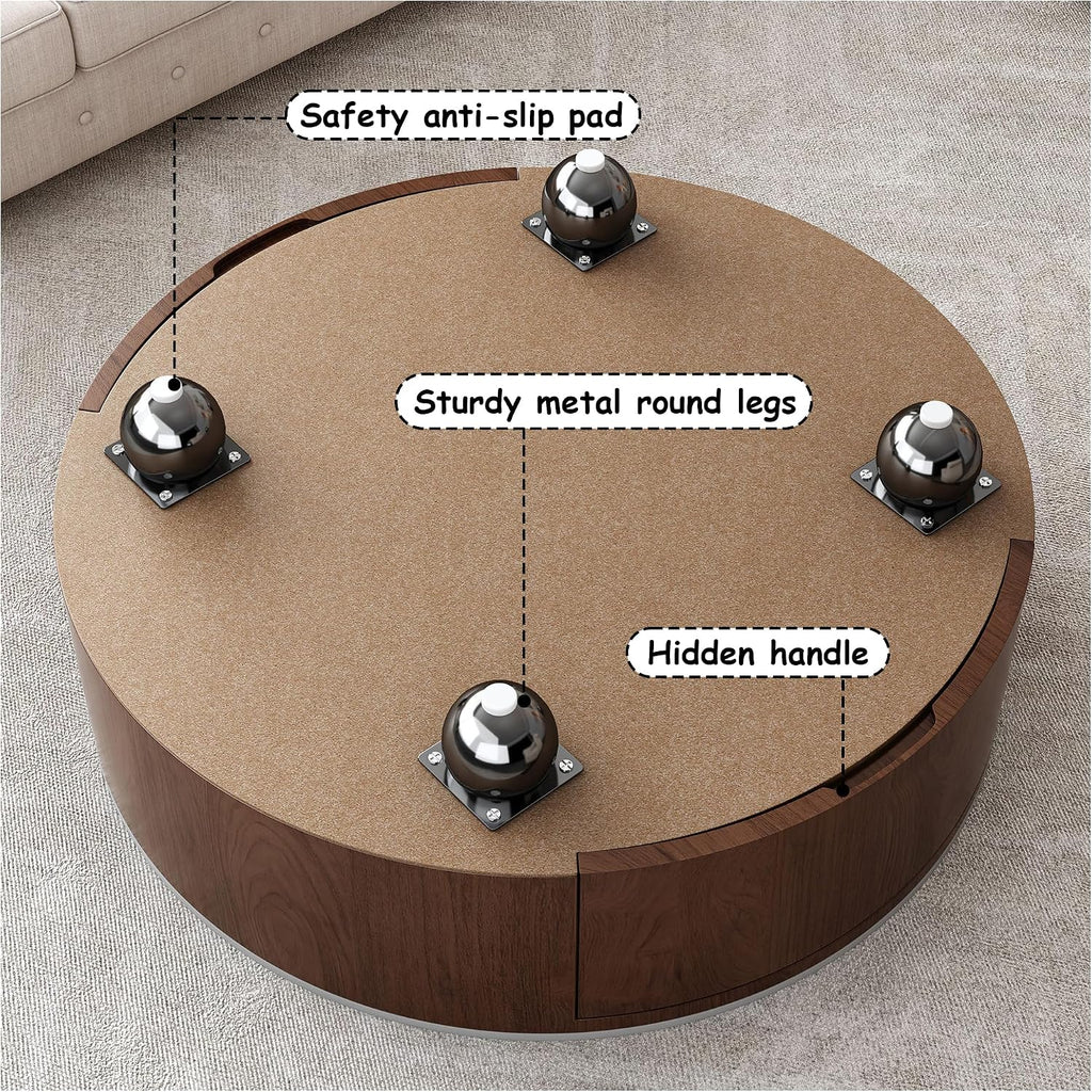 35' Round Coffee Table with Storage,Faux Marble Coffee Table with Drawers and Sintered Stone Top,Circle Coffee Table,Modern Center Tables for Living Room(Walnu,White)