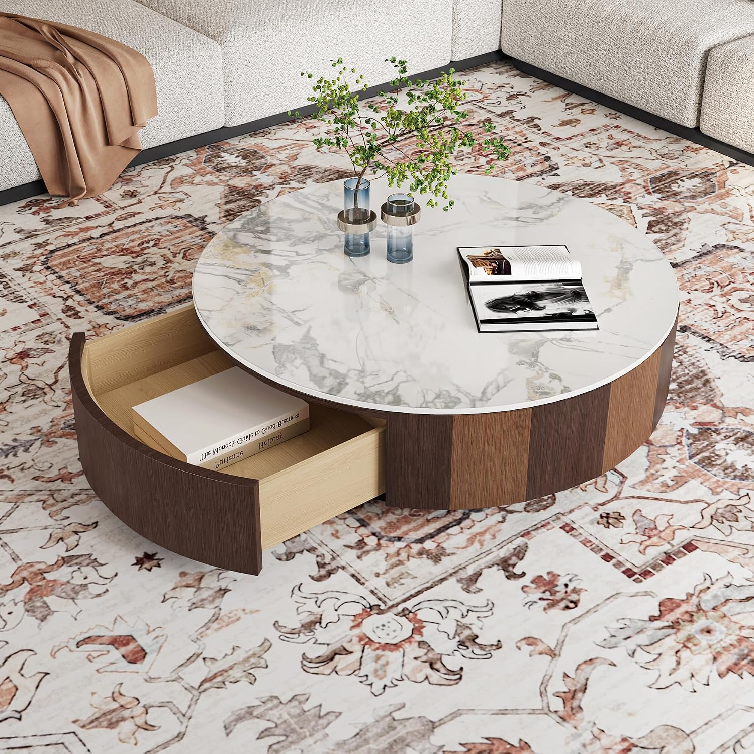 35.43' Modern Coffee Table for Living Room, Round Coffee Table with Storage Drawer, Sintered Stone Top with Metal Base, NO Assembly Living Room Table Tea Table for Home Office