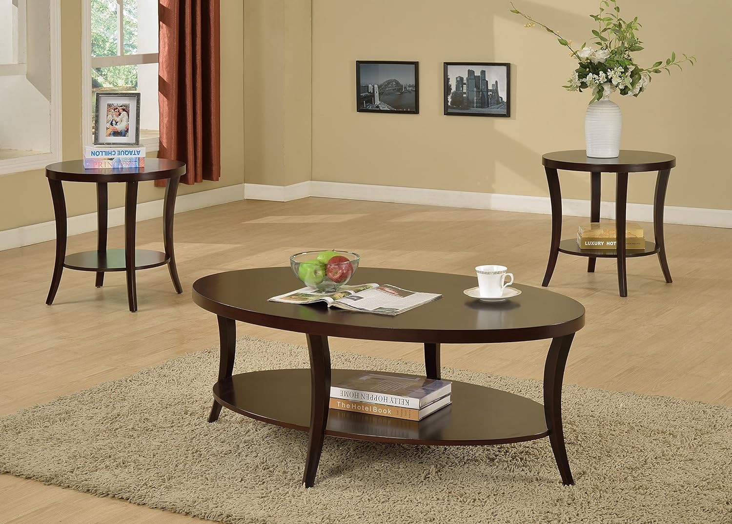 3-Piece Living Room Table Set, Coffee Table& Two End Tables, Side Table with Wood Storage Shelf for Living Room, Bedroom (Walnut, 48' L x 30' W x 18.25' H)