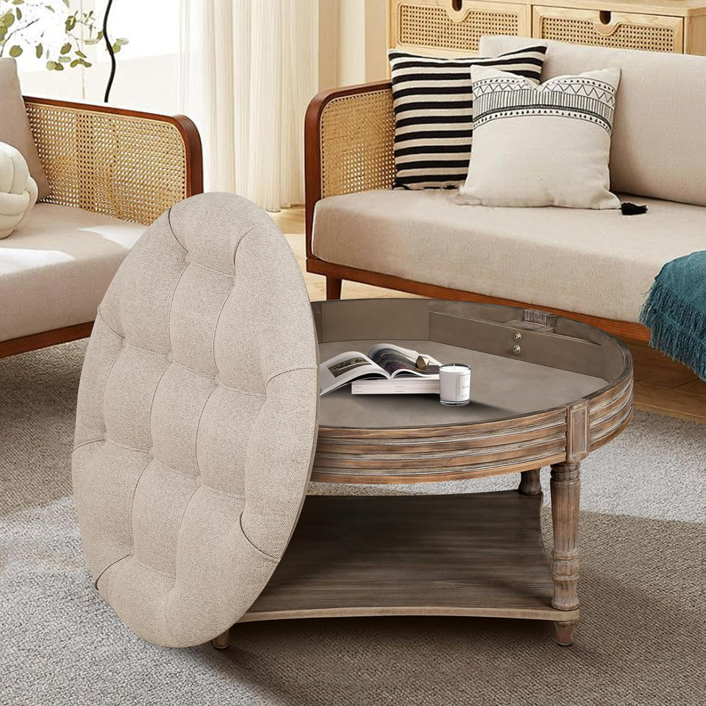 31.49'' Round Coffee Table with Storage Space, 2-Tier Modern Wood Circle Coffee Table for Living Room, Moveable Table Top & Easy Assembly & Waterproof Upholstered Linen, Khaki & Wood