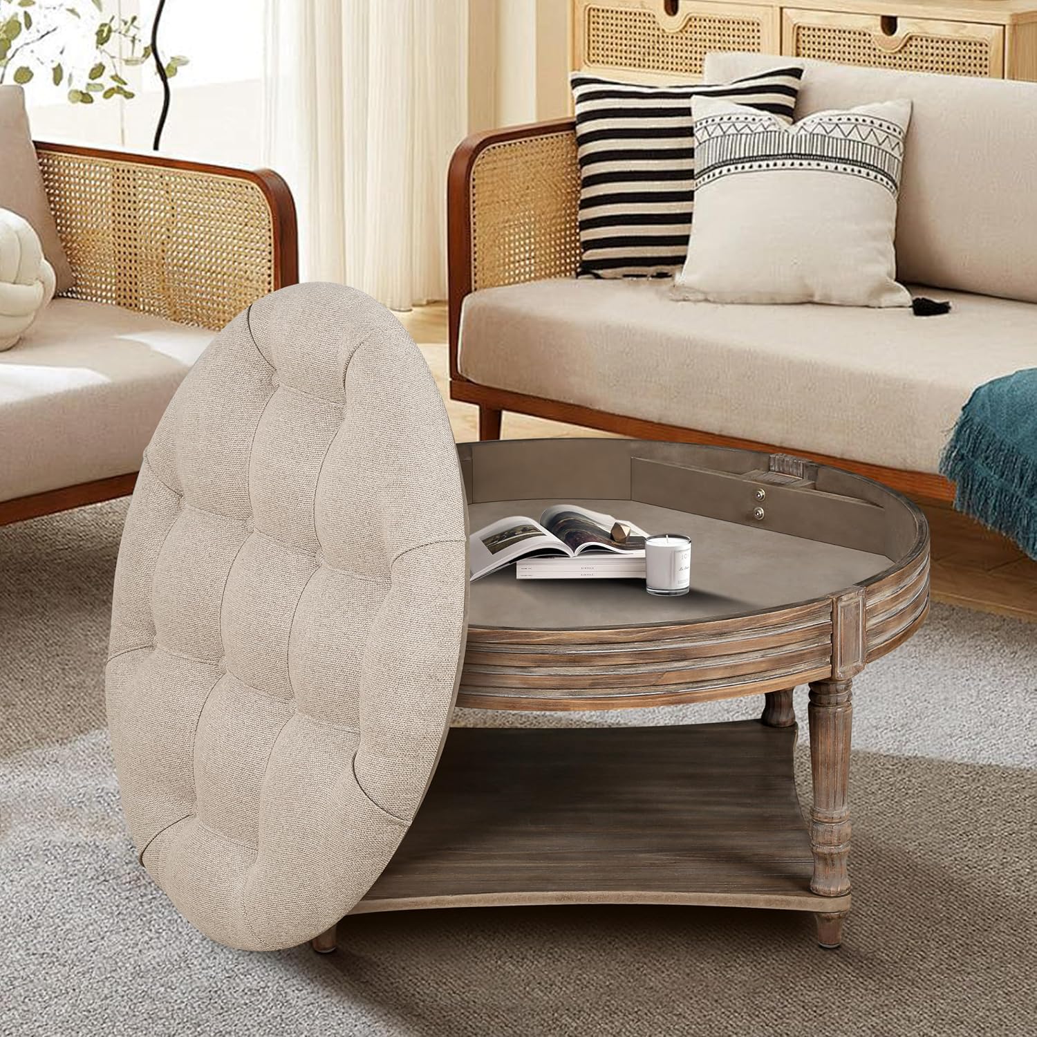 31.49'' Round Coffee Table with Storage Space, 2-Tier Modern Wood Circle Coffee Table for Living Room, Moveable Table Top & Easy Assembly & Waterproof Upholstered Linen, Khaki & Wood