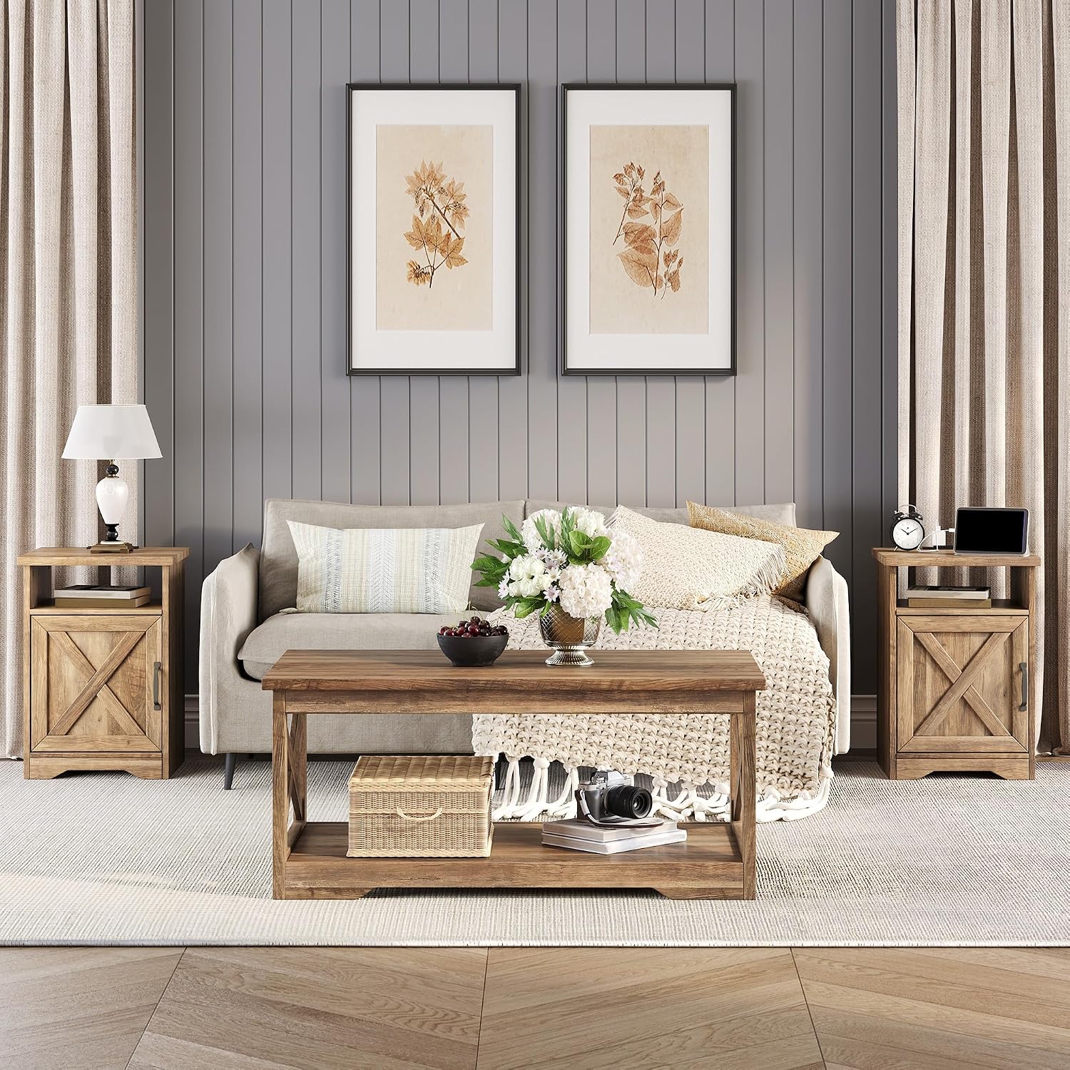 LUXOAK 3-Piece Farmhouse Living Room Table Sets, Includes 1 x Coffee Table, 2 x End Tables with Charging Station & USB Ports, Rustic Coffee Table Set of 3, Barnwood