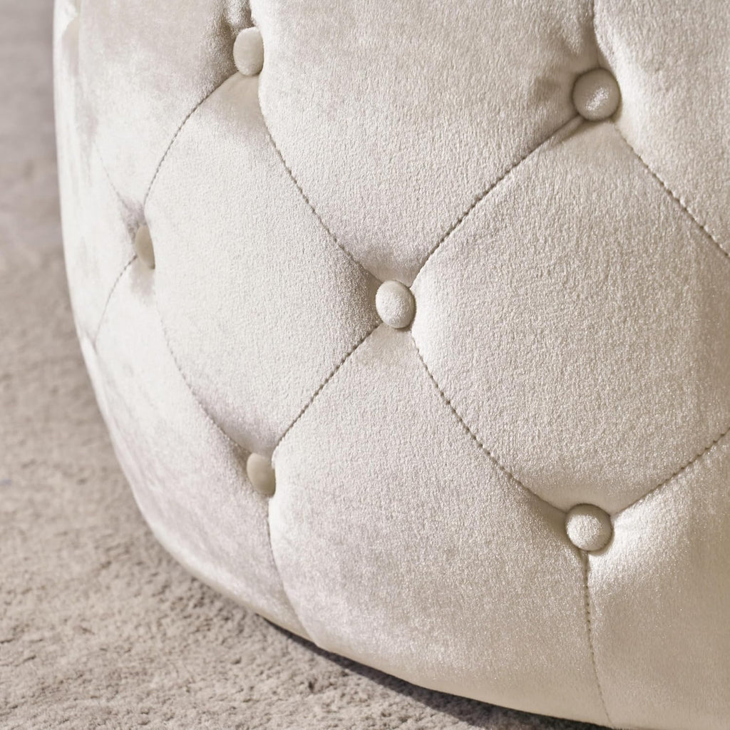 30' Round Velvet Ottoman Coffee Table, Button Tufted Coffee Table with Tempered Glass Top Modern Upholstered Tufted Velvet Cocktail Center Table for Living Room, Fully Assembled (Beige)