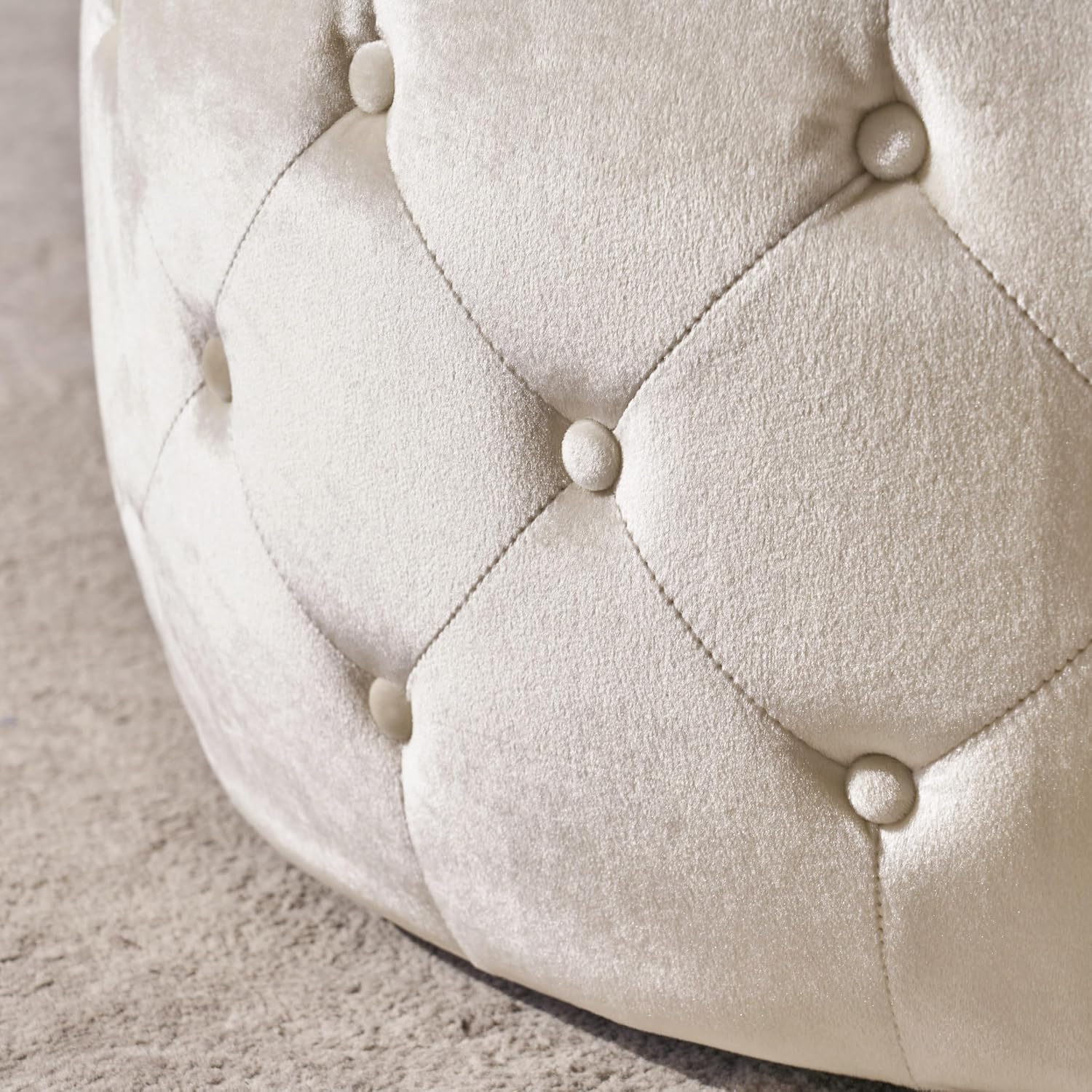 30' Round Velvet Ottoman Coffee Table, Button Tufted Coffee Table with Tempered Glass Top Modern Upholstered Tufted Velvet Cocktail Center Table for Living Room, Fully Assembled (Beige)