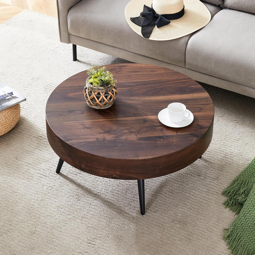 Round Coffee Table with Storage Walnut Wood Coffee Table for Living Room Mid Century Modern Coffee Tables