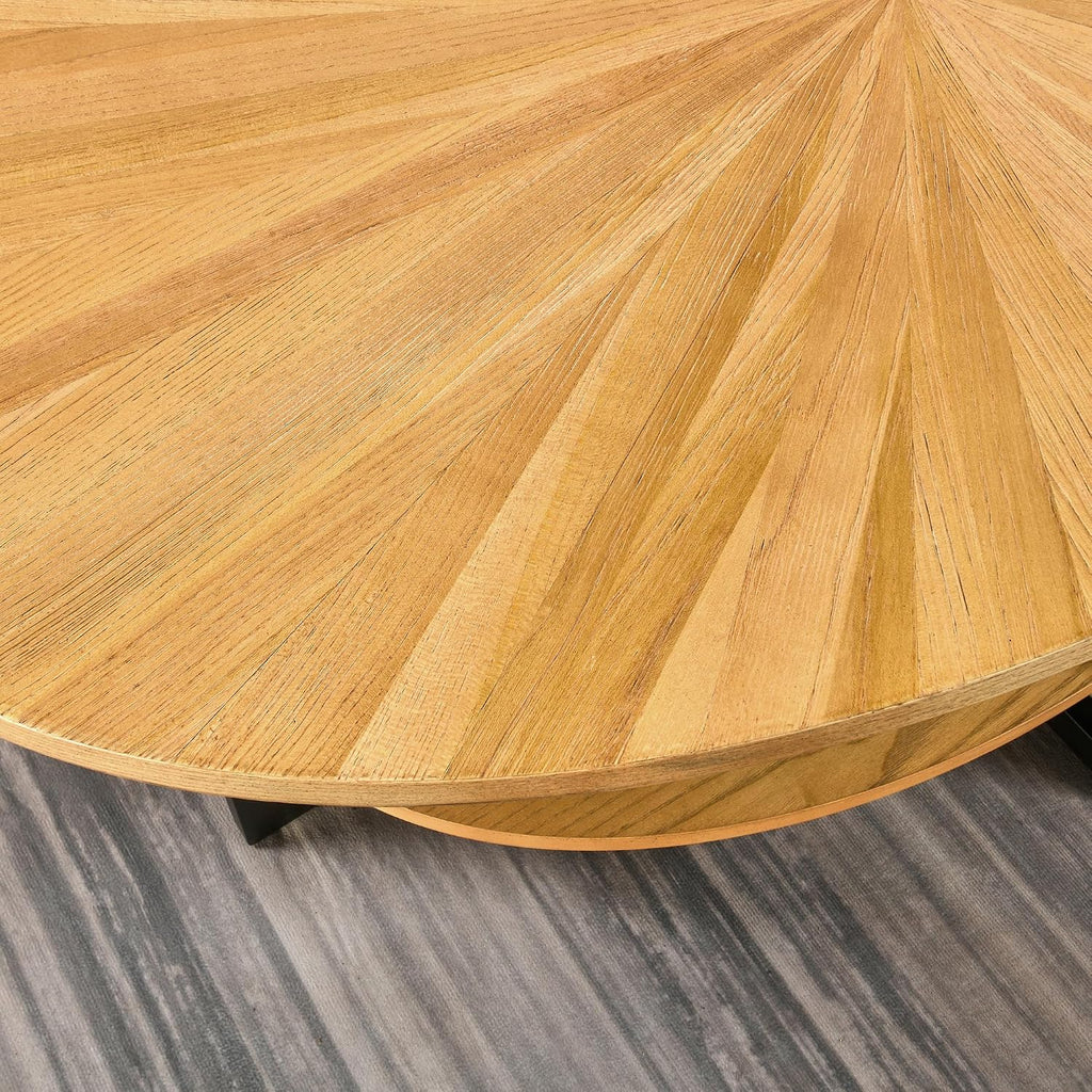 Solid Wood Oval Coffee Table with Cross Metal Legs, 43.3in Modern Industrail Center Table with Open Shelf Cocktail Tea Table for Living Room Bedroom, Natural Wood Color KFZ-1811-OA