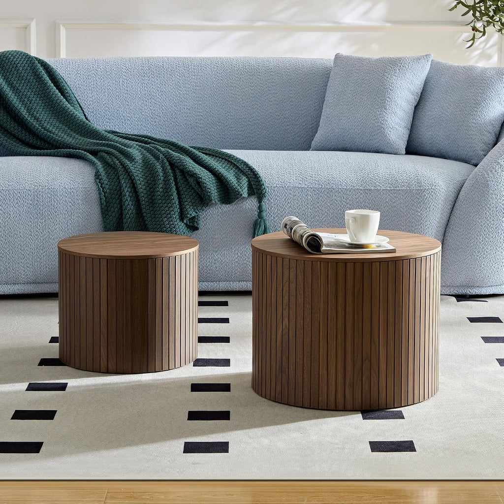 MEETAKING 19Inch Nesting Coffee Table Set of 2,Modern Round Wooden Coffee Tables,Plenty of Storage Space, Natural Wood Veneer,for Small Space Living Room Apartment