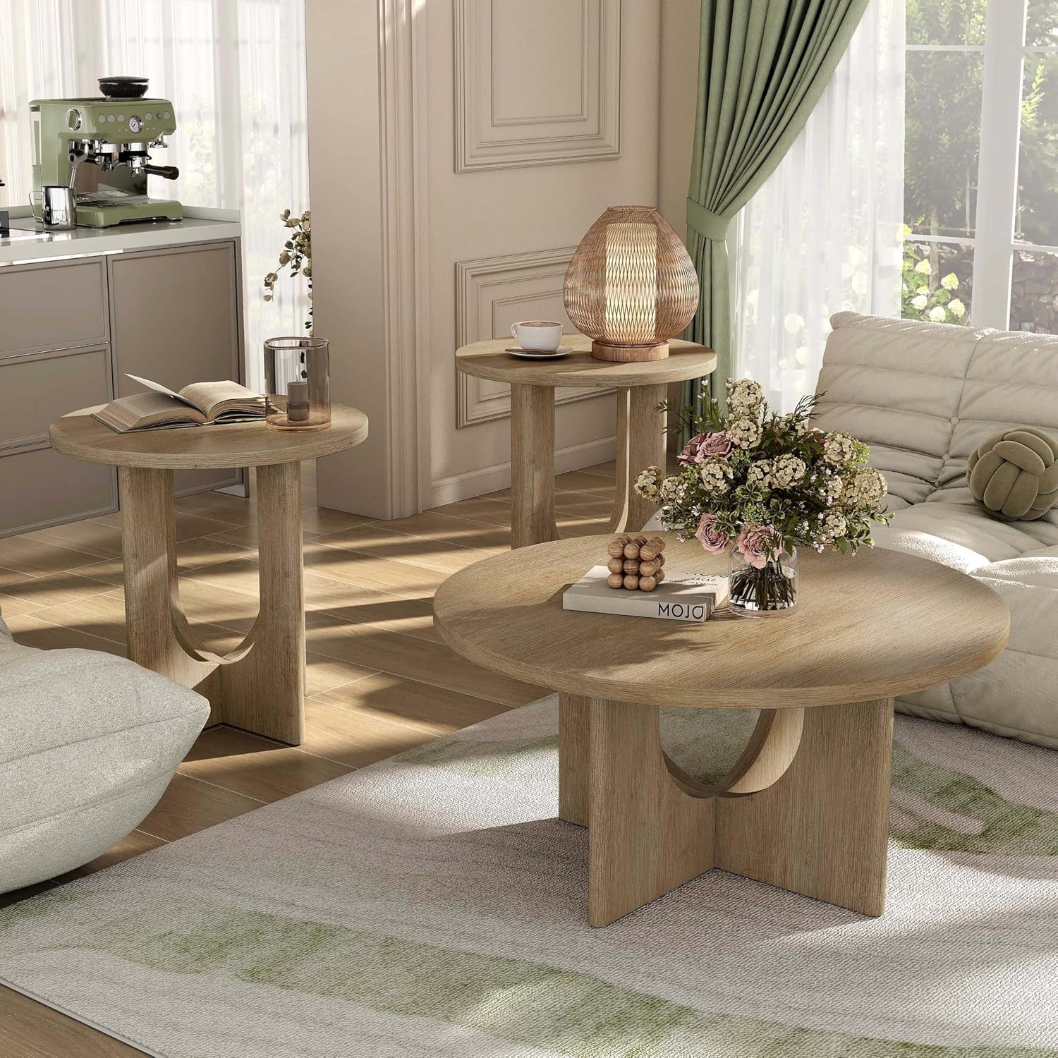 Furniture of America Aveline Modern 3 Piece Round Coffee Table Set with Cutout Trestle Base, Living Room Set for Small Space, Home Office, Bedroom, Natural