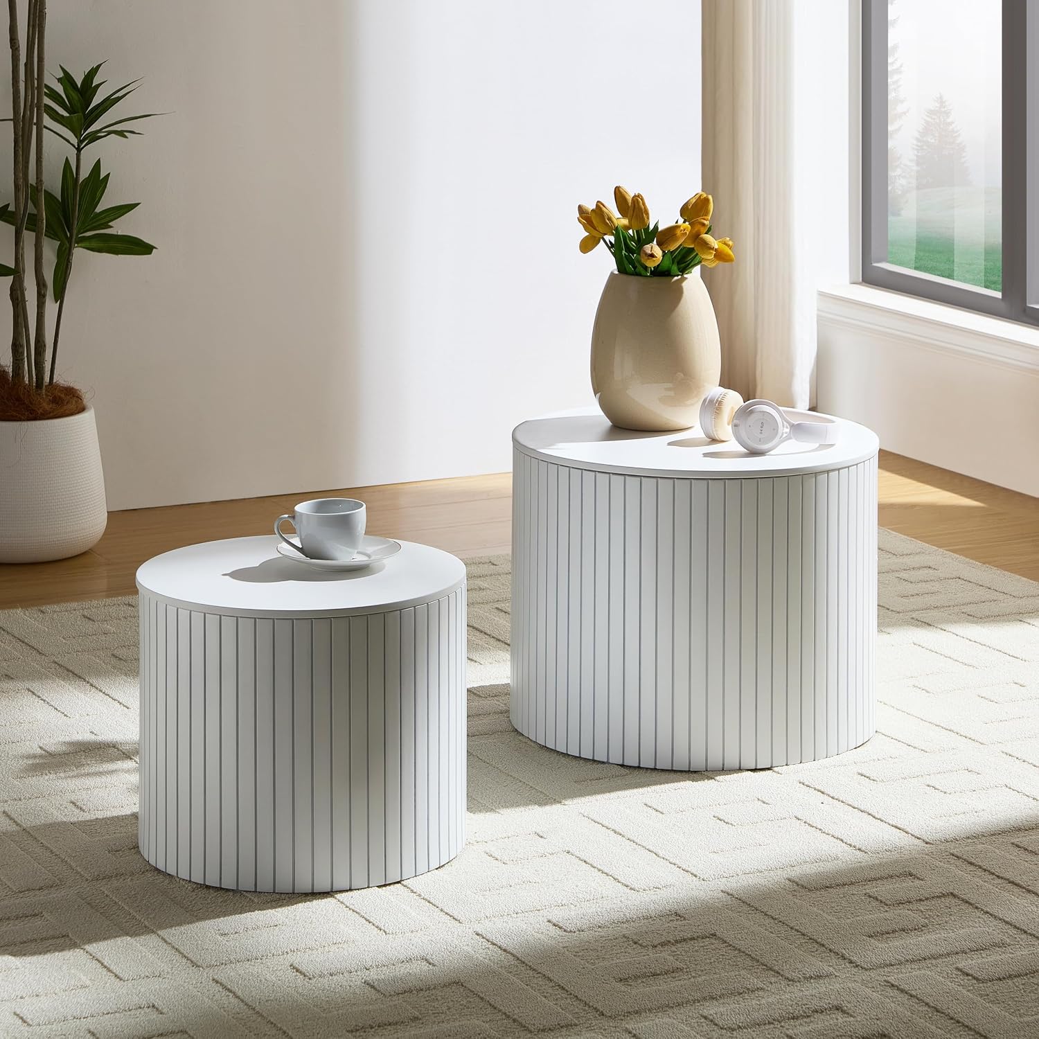 Nesting Coffee Table Set of 2, 19.17' Round Coffee Tables with Storage, Modern End Table for Living Room,Side Table for Apartment,Office,Dorm(White)