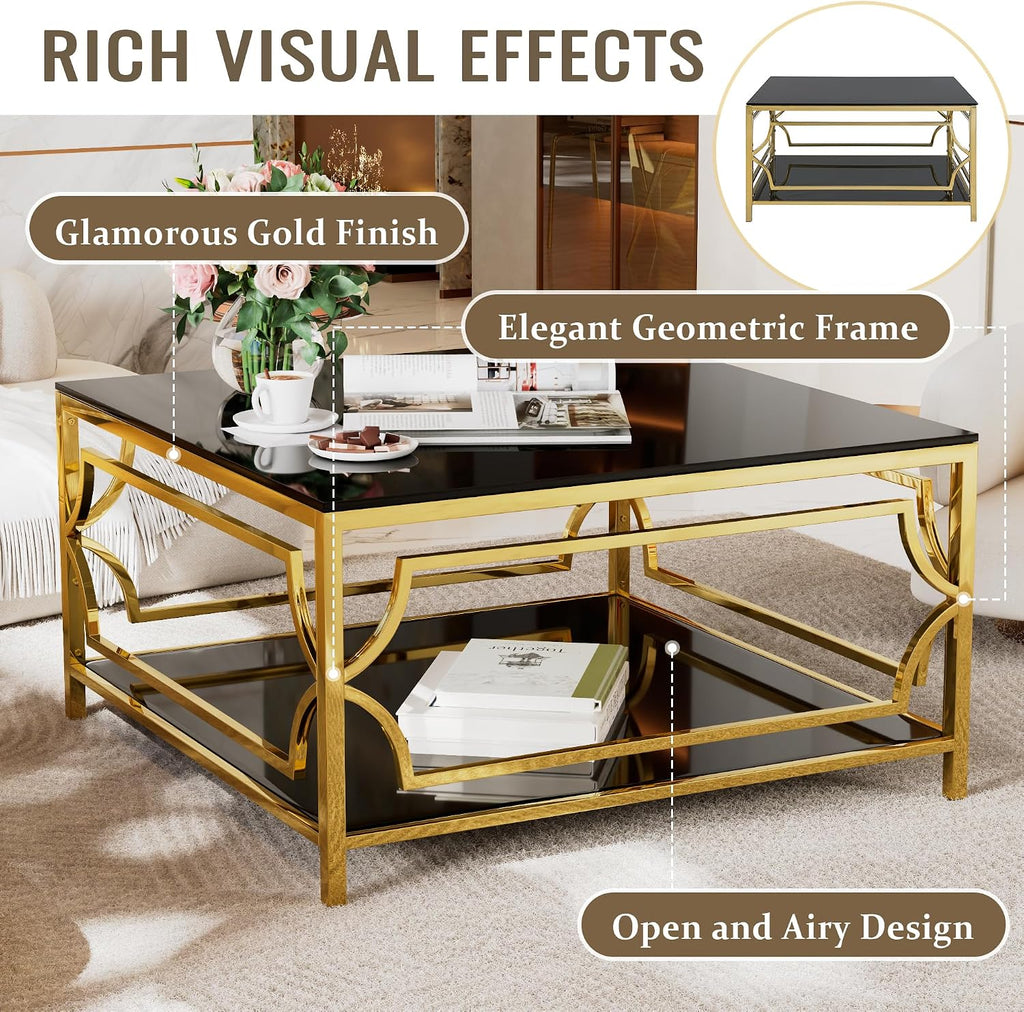 33.5' Square Black Glass Coffee Table with Storage, Modern 2-Tier Tempered Glass Accent Coffee Table with Metal Frame for Living Room, Minimalist Gold Cocktail Center Table for Office, Apartment