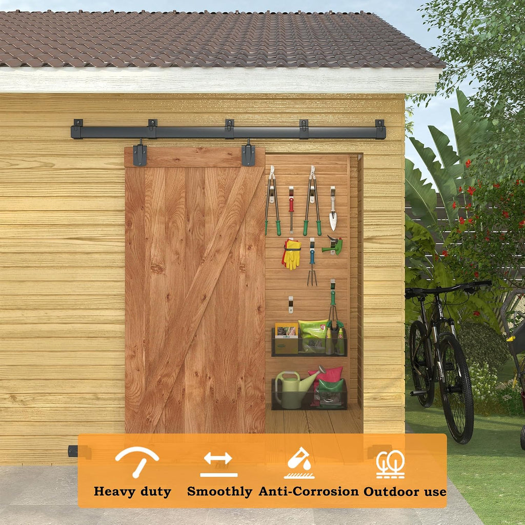 8FT Black Box Rail Exterior Barn Door Hardware Kit, Sliding Heavy Duty Barn Door Track, Wall Mount Barn Door Hardware with 5 Track Brackets(Doors NOT Include）