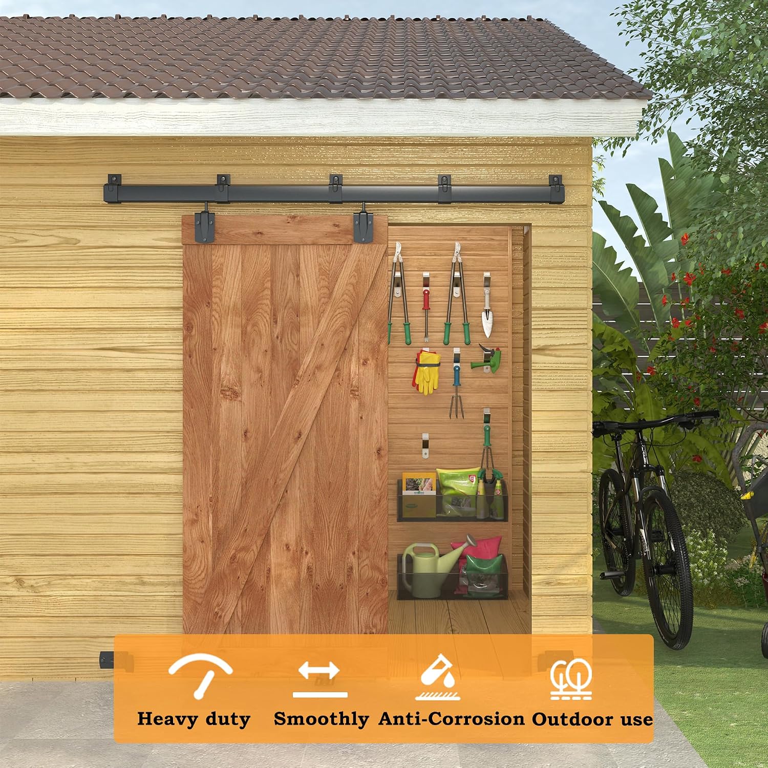 8FT Black Box Rail Exterior Barn Door Hardware Kit, Sliding Heavy Duty Barn Door Track, Wall Mount Barn Door Hardware with 5 Track Brackets(Doors NOT Include）
