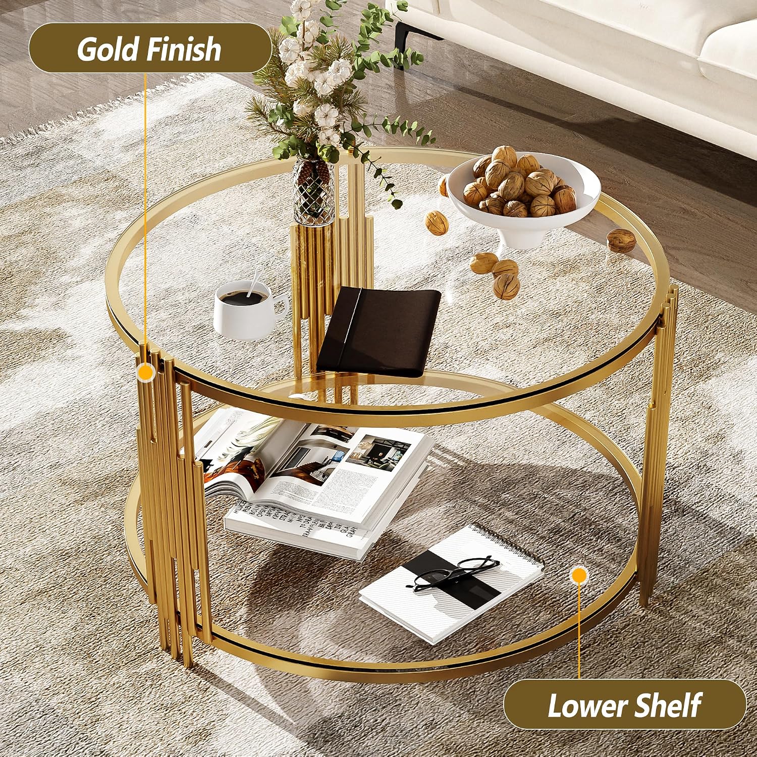 Round Glass Coffee Tables for Living Room, 2-Tier Circle Coffee Table with Metal Drum Base, 31.5' Modern Center Accent Table for Small Space, Bedroom