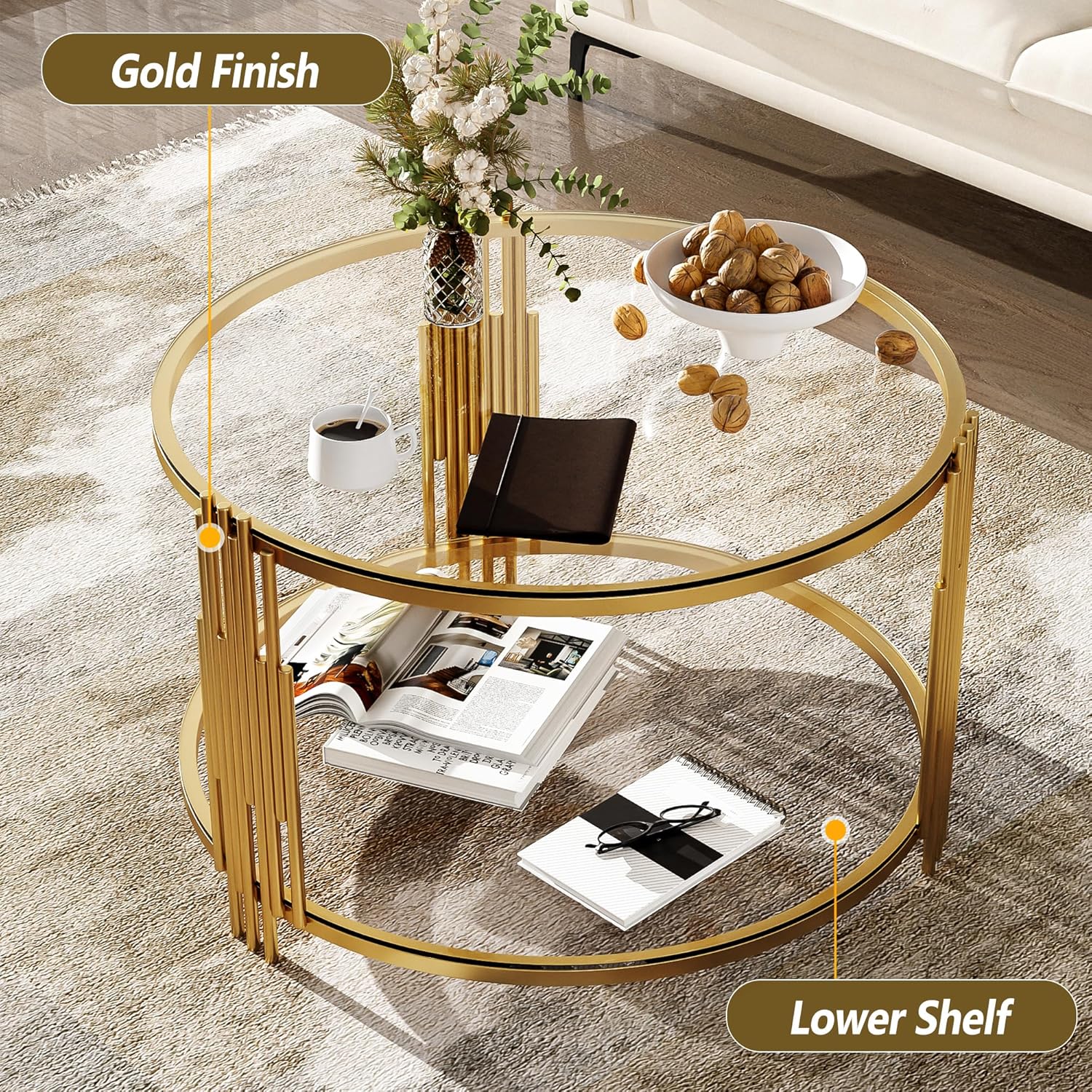 Circle Coffee Table, Tempered Glass Center Table with Asymmetrical Gold Frame and Storage Shelf, for Living Room Home Office Decor, Transparent