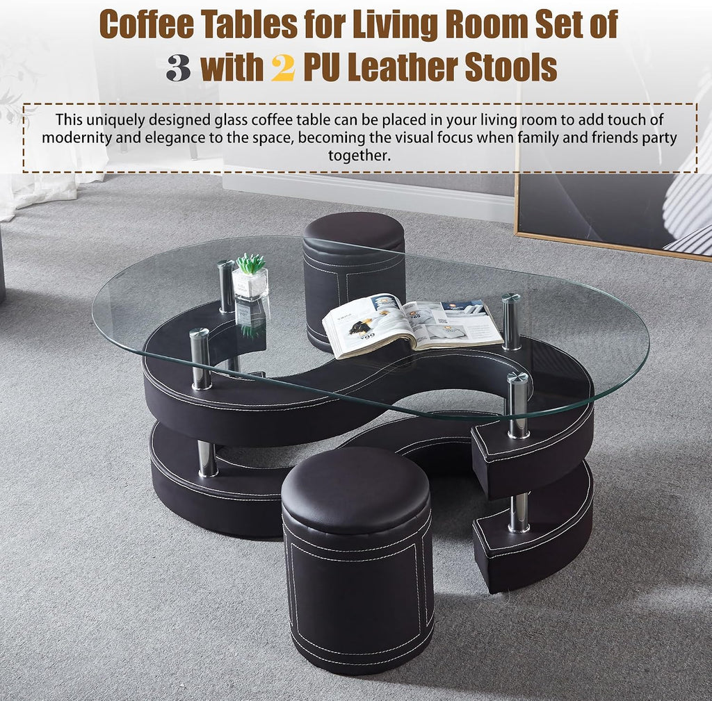 Glass Coffee Table Set with 2 Stools, 49' Oval Coffee Table with Tempered Glass Table Top and 2 Leather Stools, Modern Glass Center Table for Living Room, Home Office