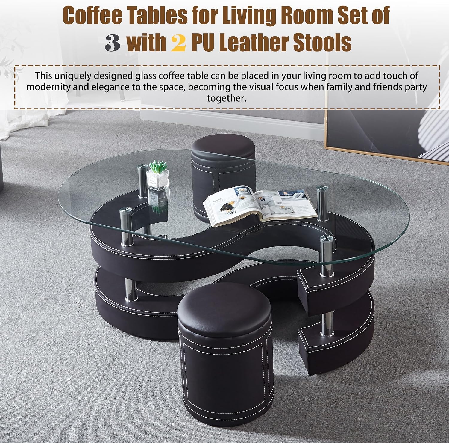 Glass Coffee Table Set with 2 Stools, 49' Oval Coffee Table with Tempered Glass Table Top and 2 Leather Stools, Modern Glass Center Table for Living Room, Home Office