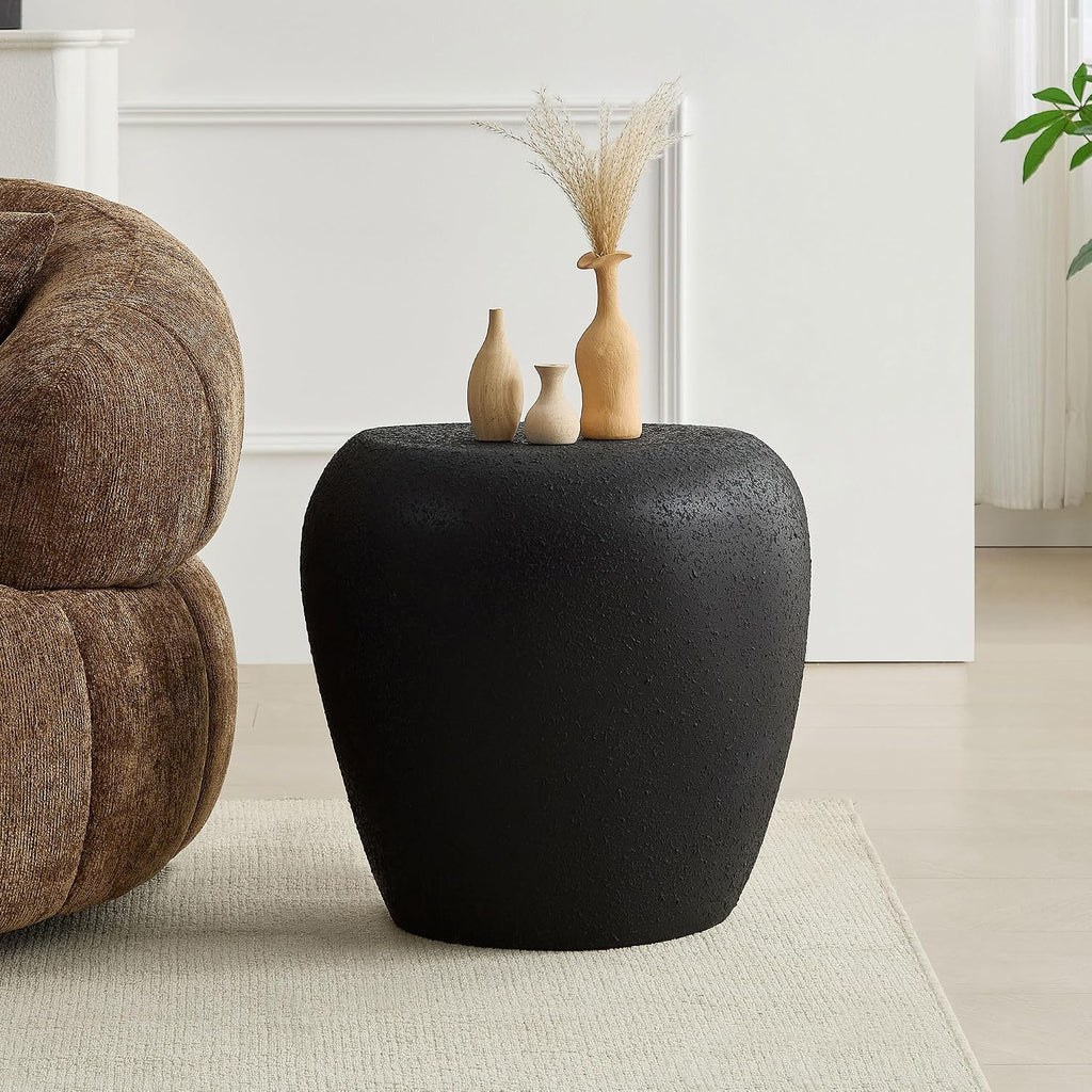 Faux Rock Side Table with Lightly Rought Rock Design,Irregular Drum End Table Fiberglass Accent Stone-Like Nightstand for Living Room,No Assembly