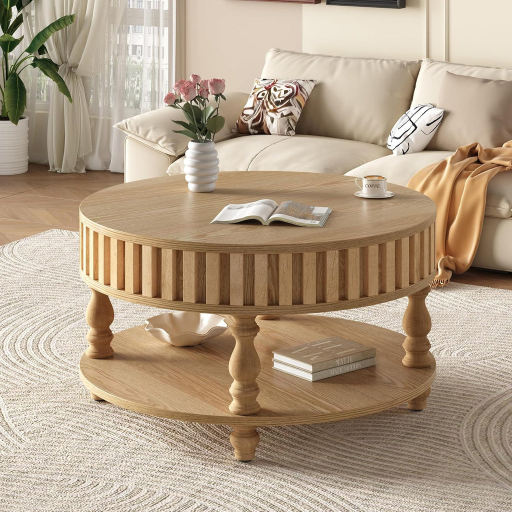 31.49'' Round Coffee Table with Storage Space, 2-Tier Modern Rustic Wood Circle Fluted Coffee Table for Living Room, Moveable Table Top & Easy Assembly, Natural